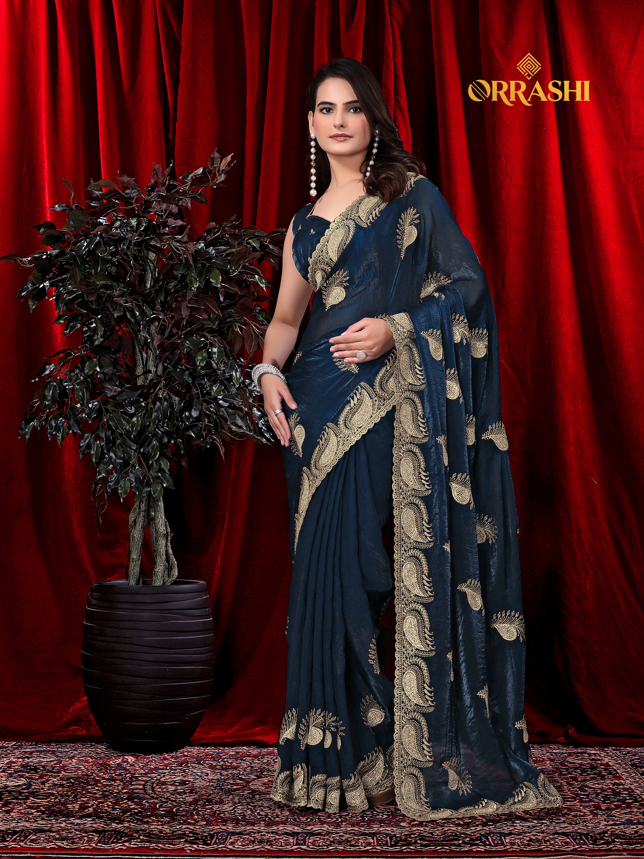MORPANKH EMBROIDERIED WITH JARKAN WORK FENDY SATIN SILK SAREE