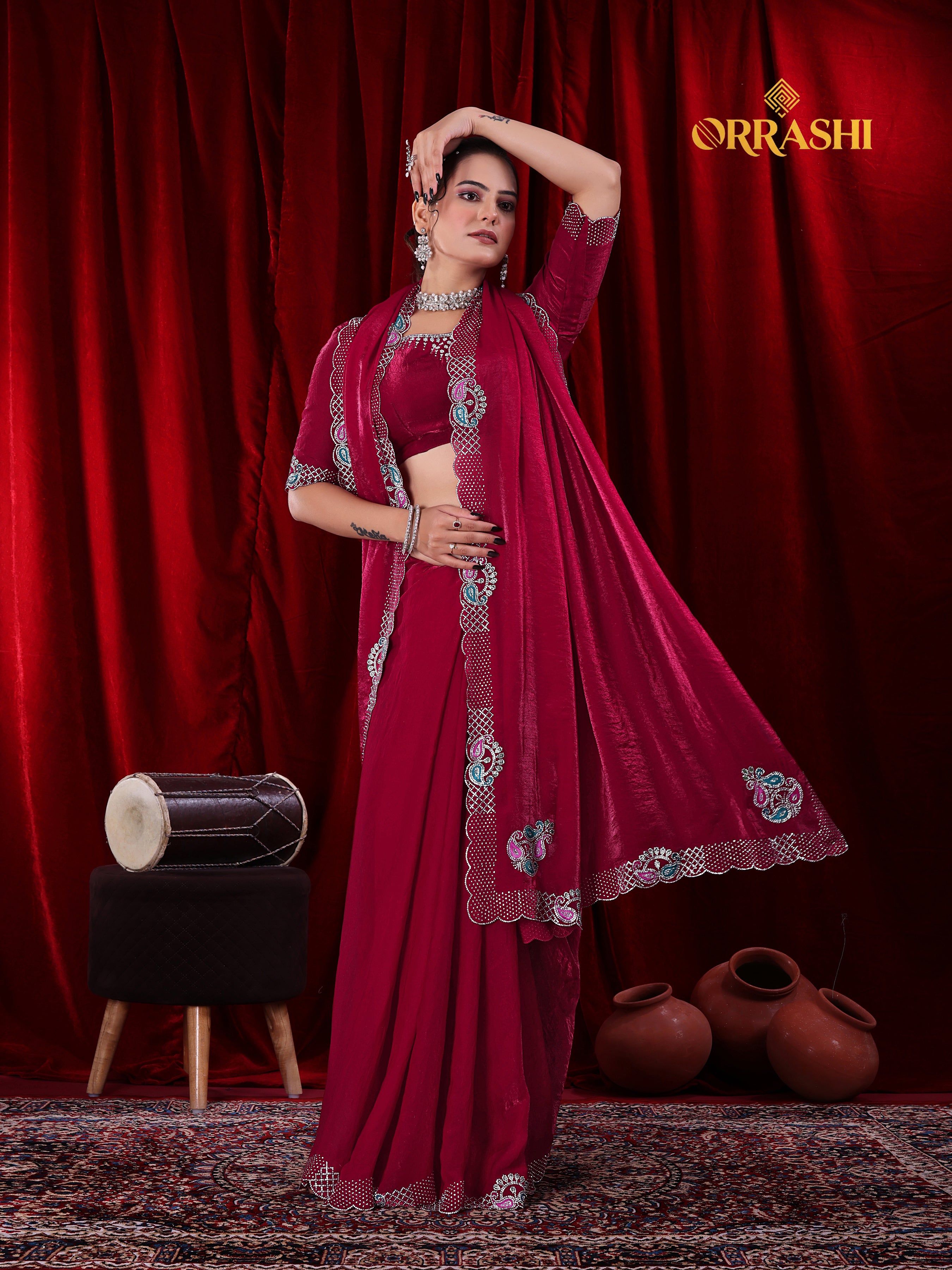 MANGO JARKAN WORK FENDY SATIN SILK SAREE