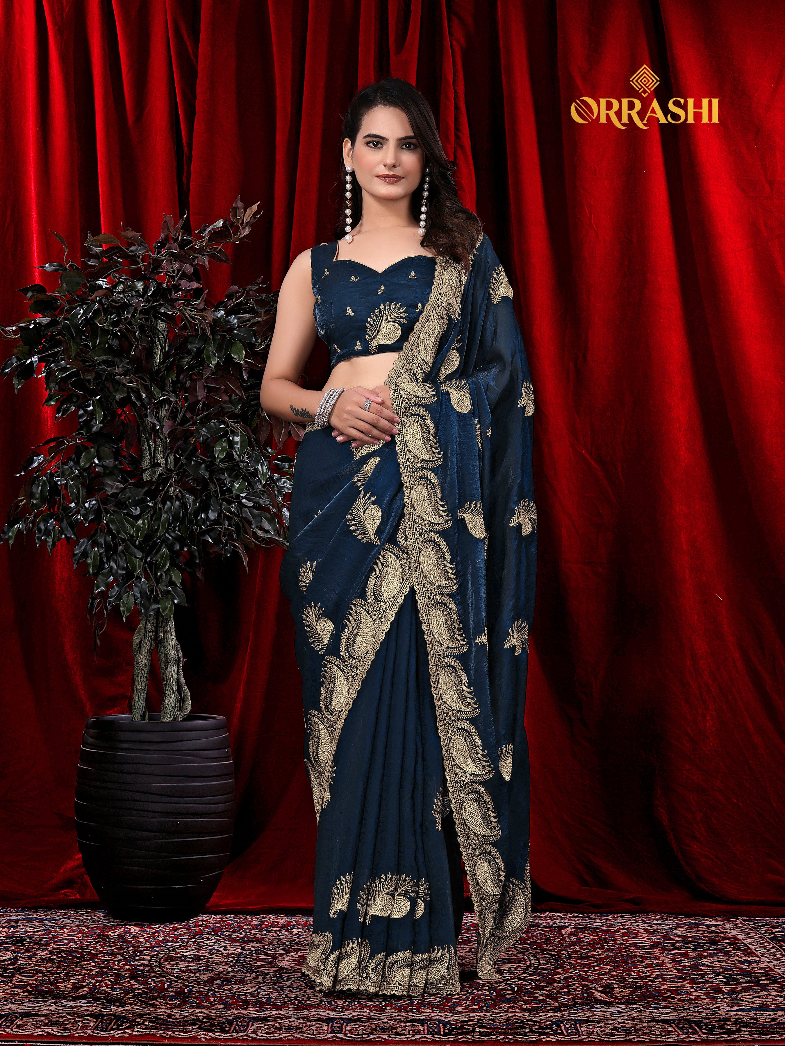 MORPANKH EMBROIDERIED WITH JARKAN WORK FENDY SATIN SILK SAREE