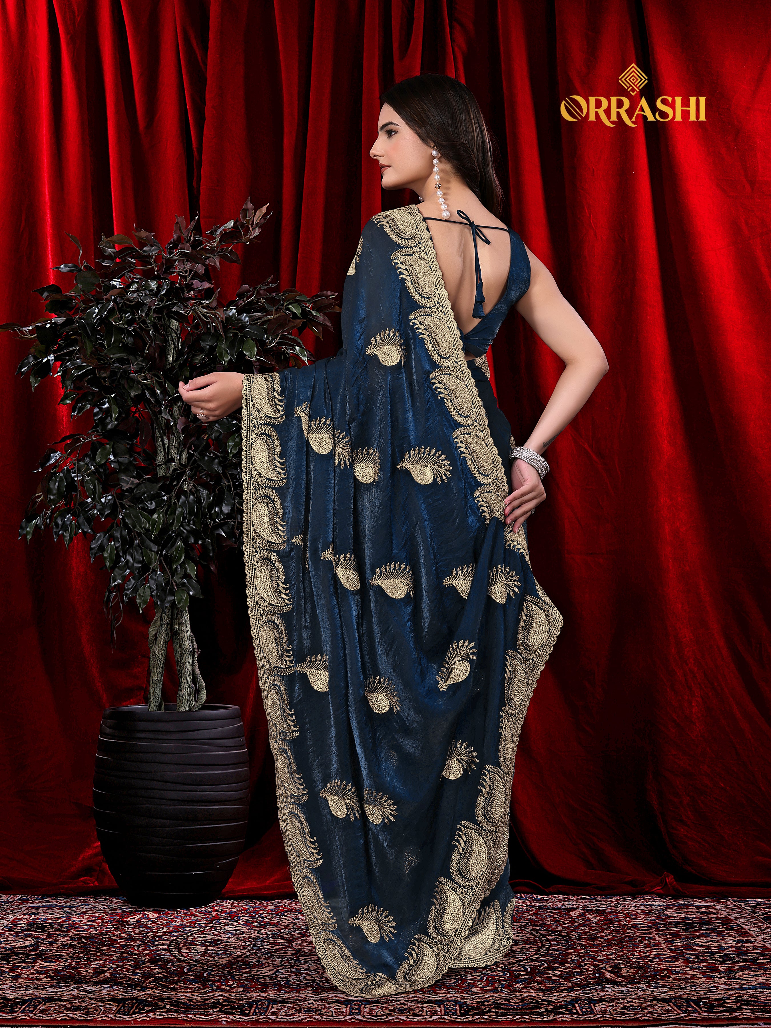 MORPANKH EMBROIDERIED WITH JARKAN WORK FENDY SATIN SILK SAREE