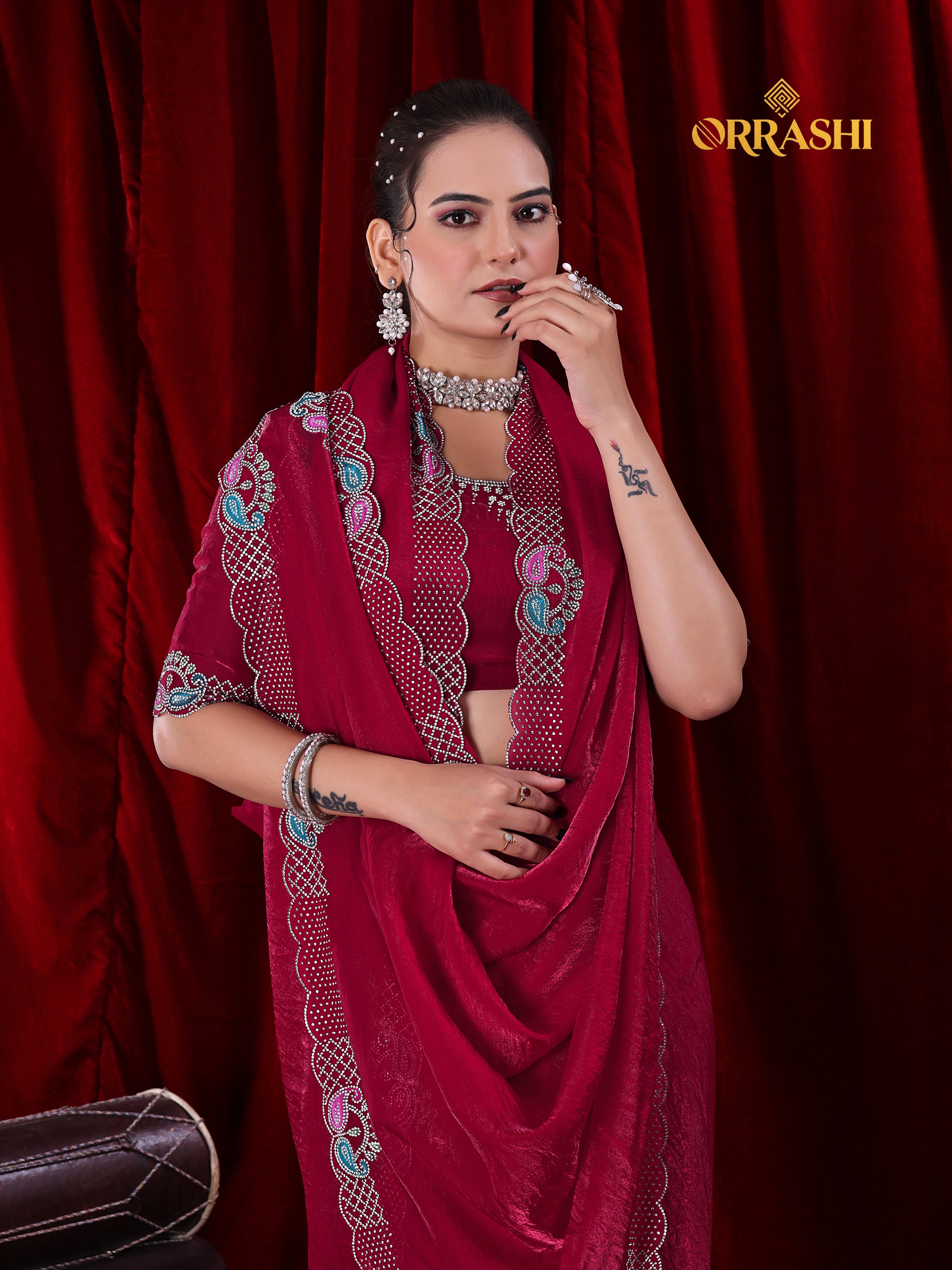 MANGO JARKAN WORK FENDY SATIN SILK SAREE