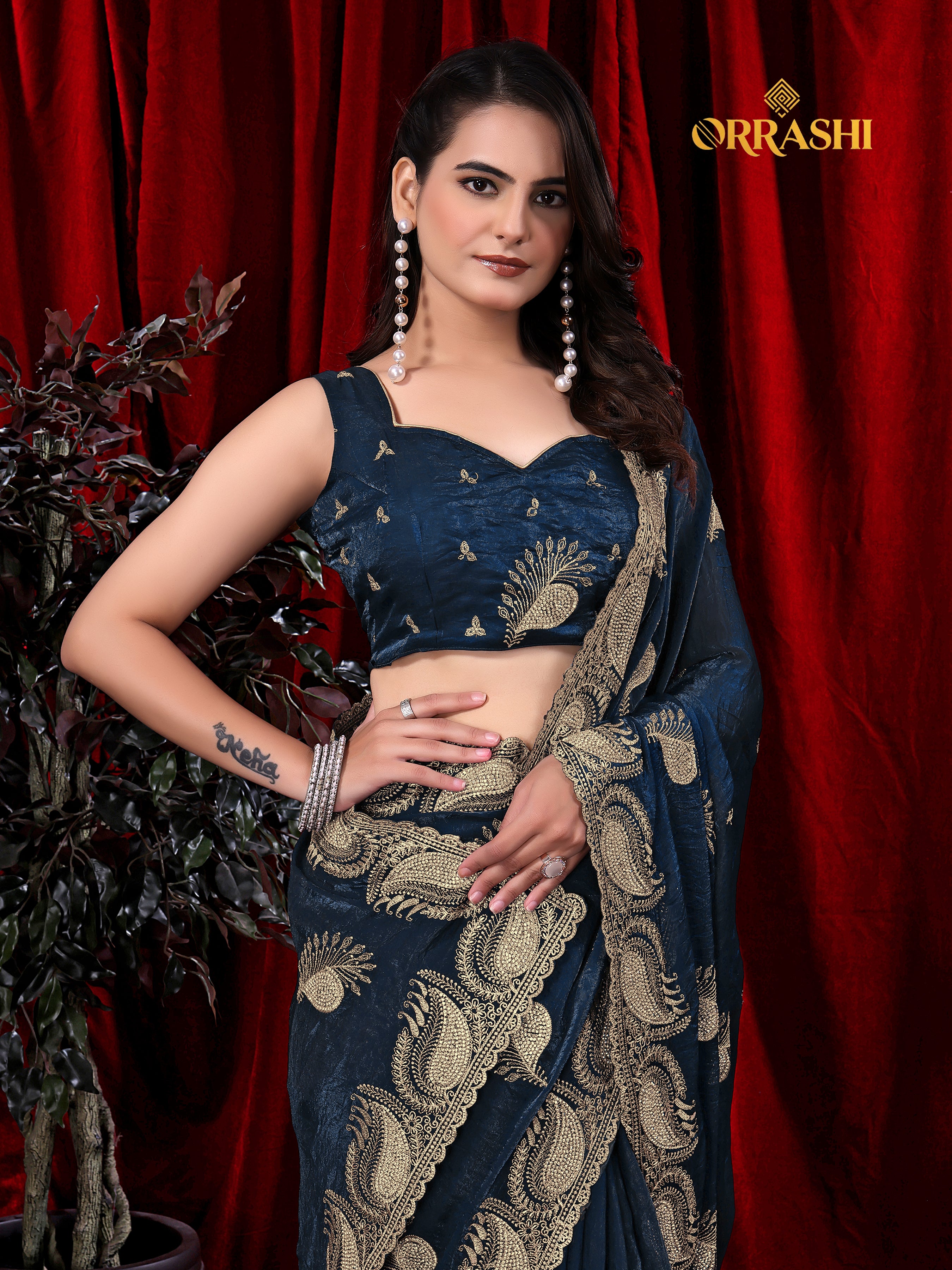 MORPANKH EMBROIDERIED WITH JARKAN WORK FENDY SATIN SILK SAREE