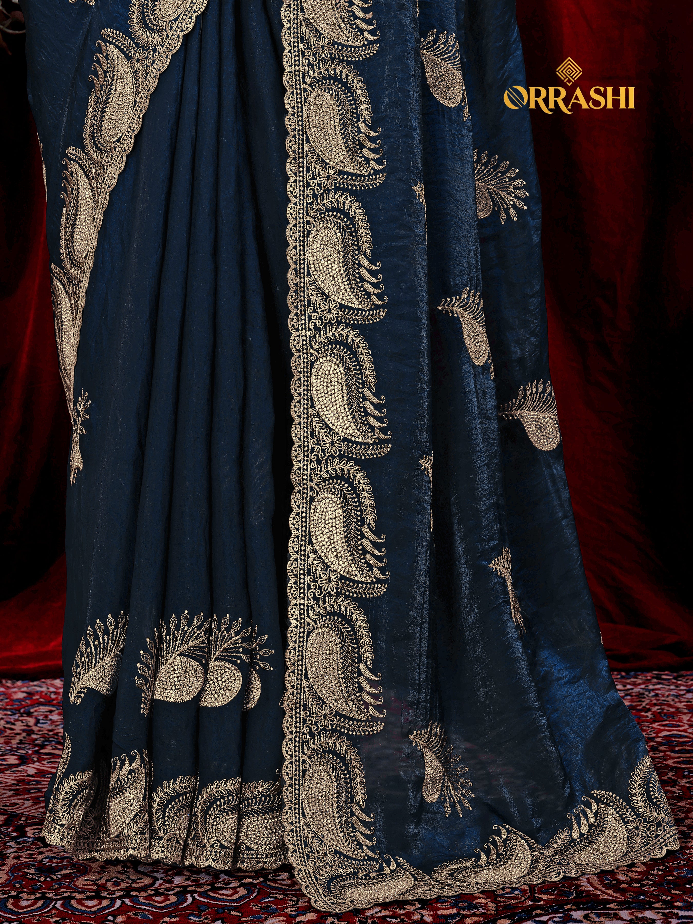 MORPANKH EMBROIDERIED WITH JARKAN WORK FENDY SATIN SILK SAREE