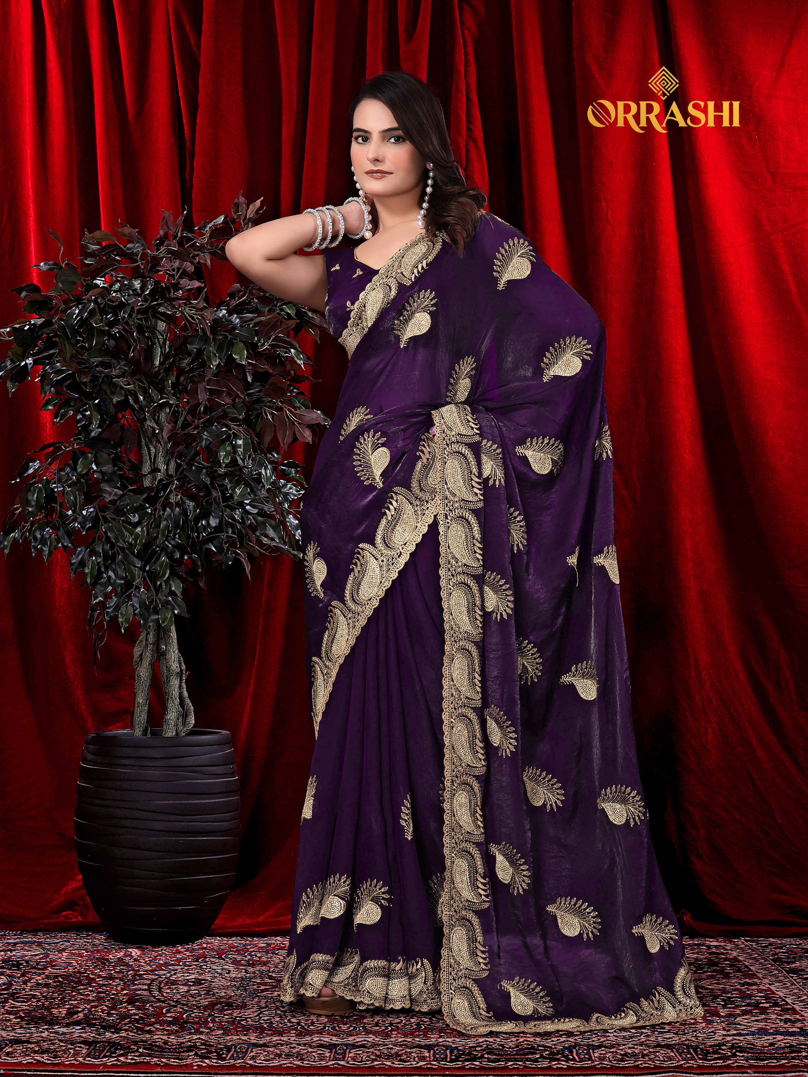 MORPANKH EMBROIDERIED WITH JARKAN WORK FENDY SATIN SILK SAREE