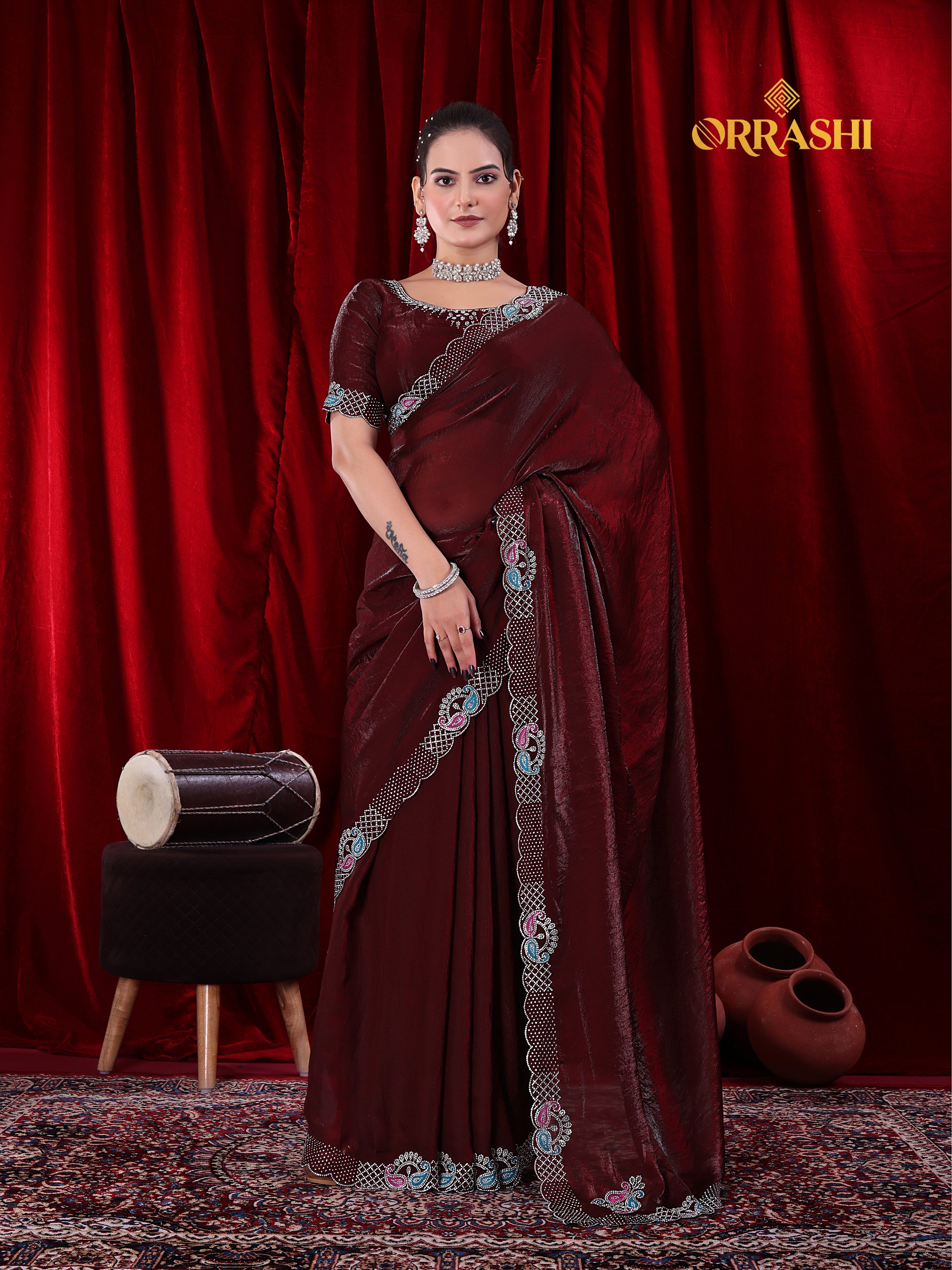 MANGO JARKAN WORK FENDY SATIN SILK SAREE