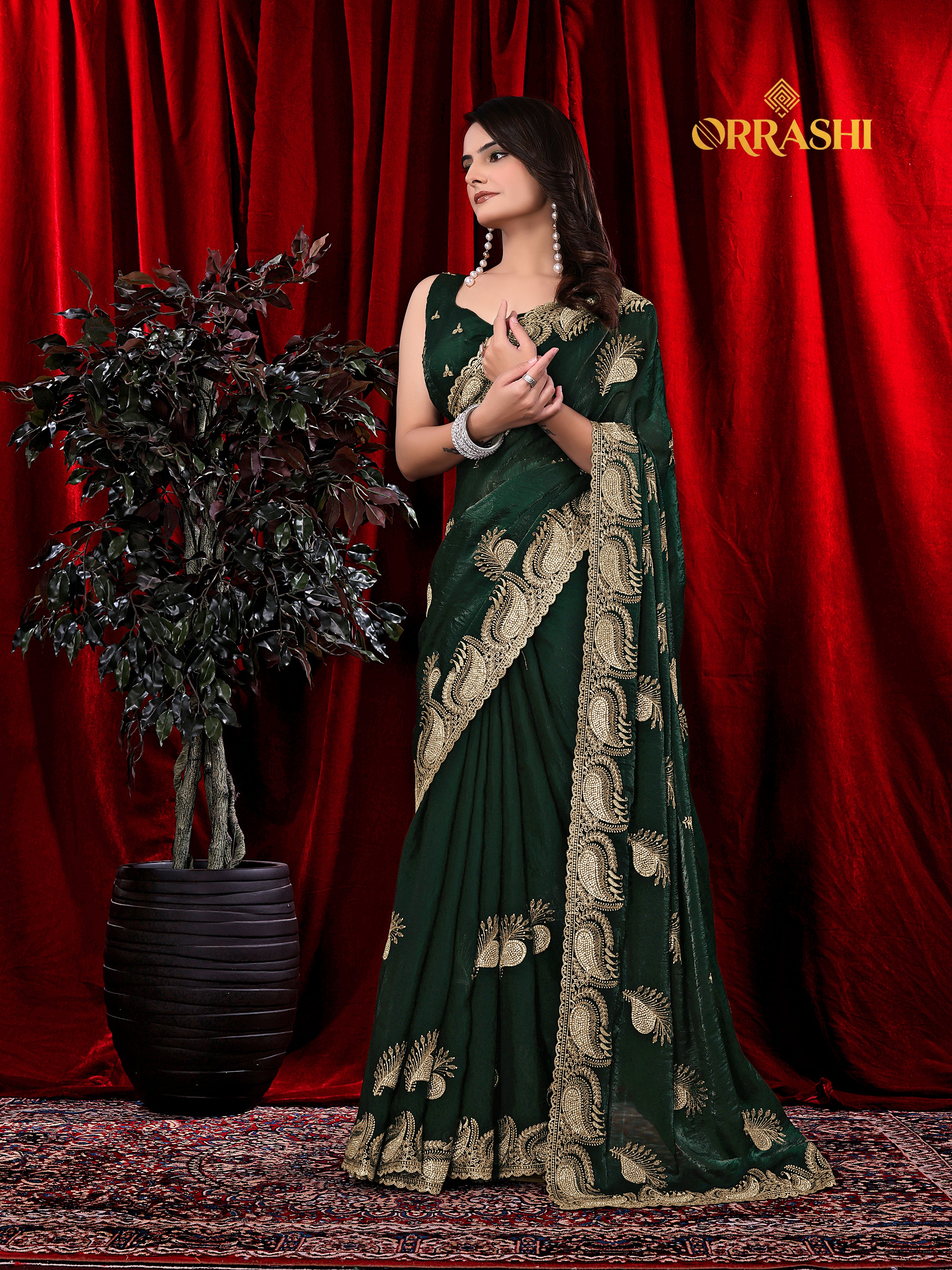 MORPANKH EMBROIDERIED WITH JARKAN WORK FENDY SATIN SILK SAREE