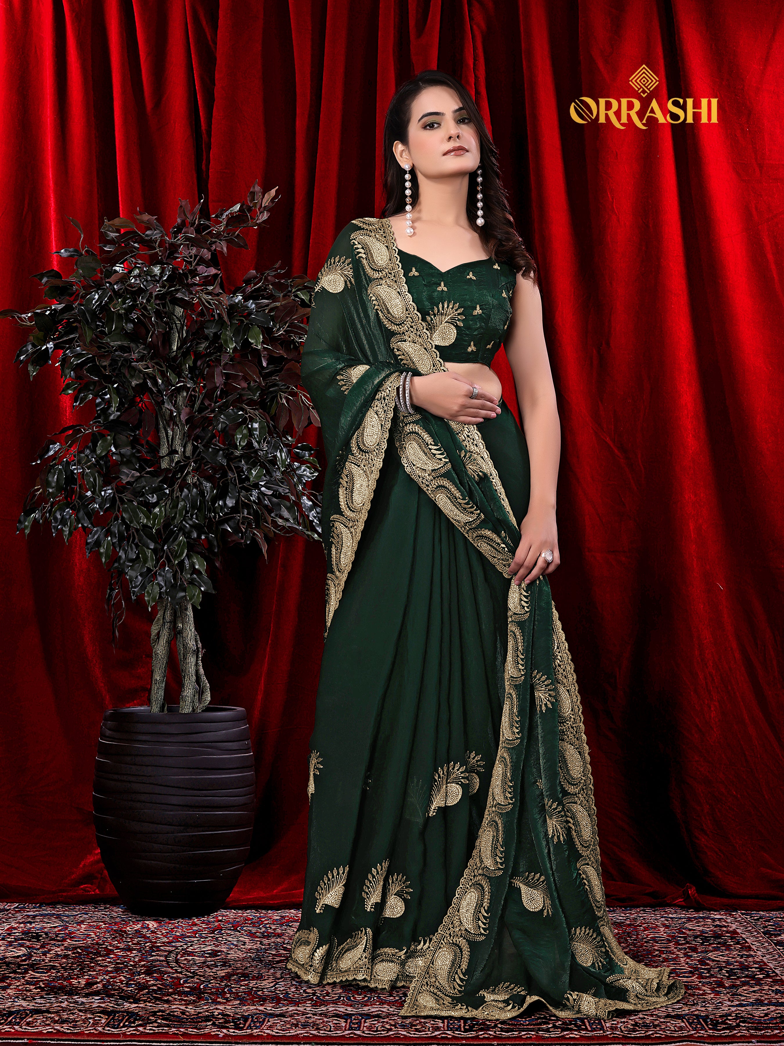 MORPANKH EMBROIDERIED WITH JARKAN WORK FENDY SATIN SILK SAREE