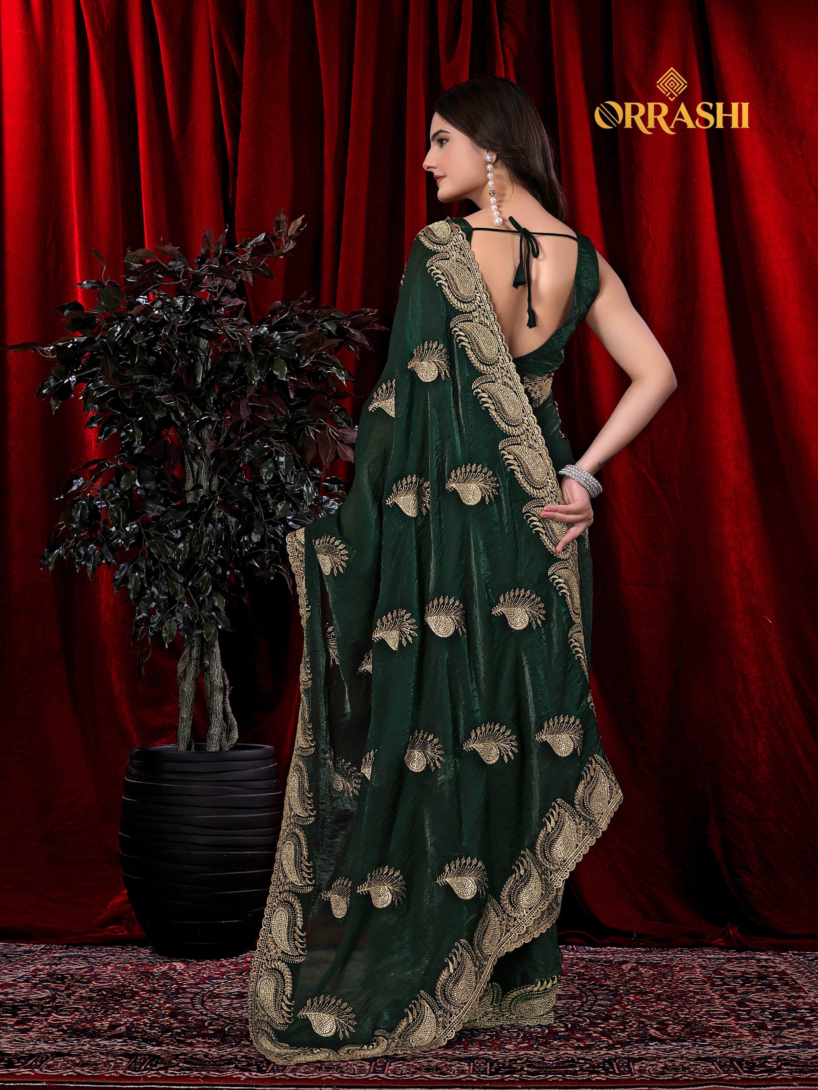MORPANKH EMBROIDERIED WITH JARKAN WORK FENDY SATIN SILK SAREE
