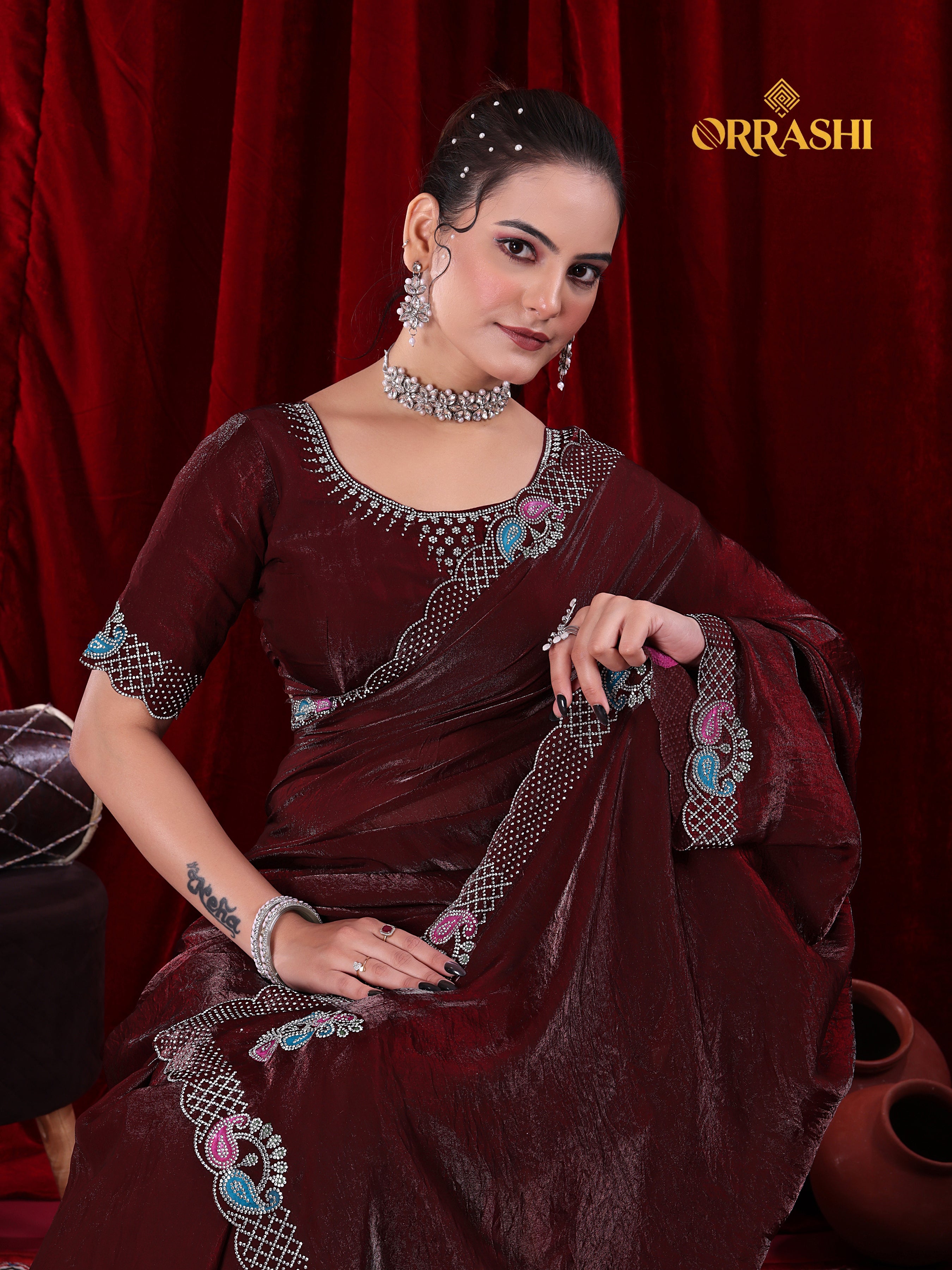 MANGO JARKAN WORK FENDY SATIN SILK SAREE