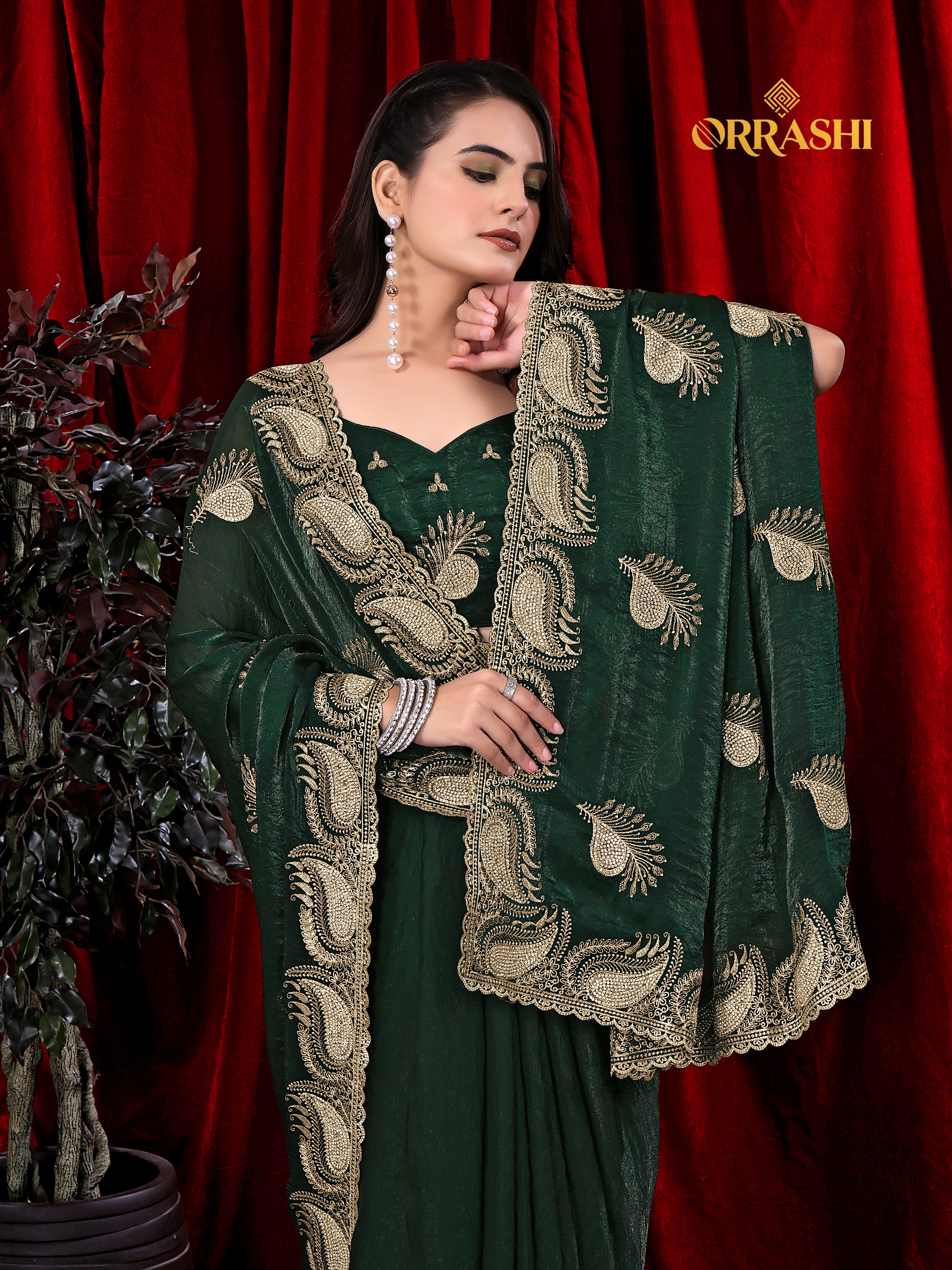 MORPANKH EMBROIDERIED WITH JARKAN WORK FENDY SATIN SILK SAREE