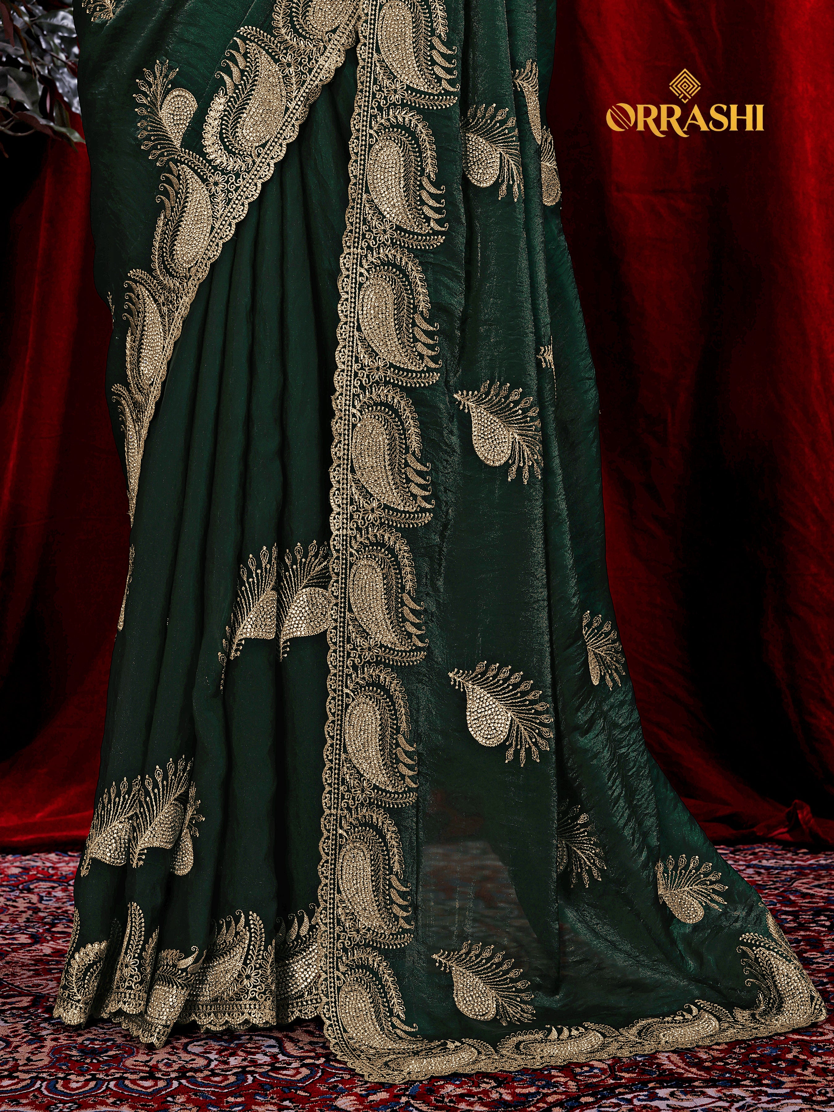 MORPANKH EMBROIDERIED WITH JARKAN WORK FENDY SATIN SILK SAREE