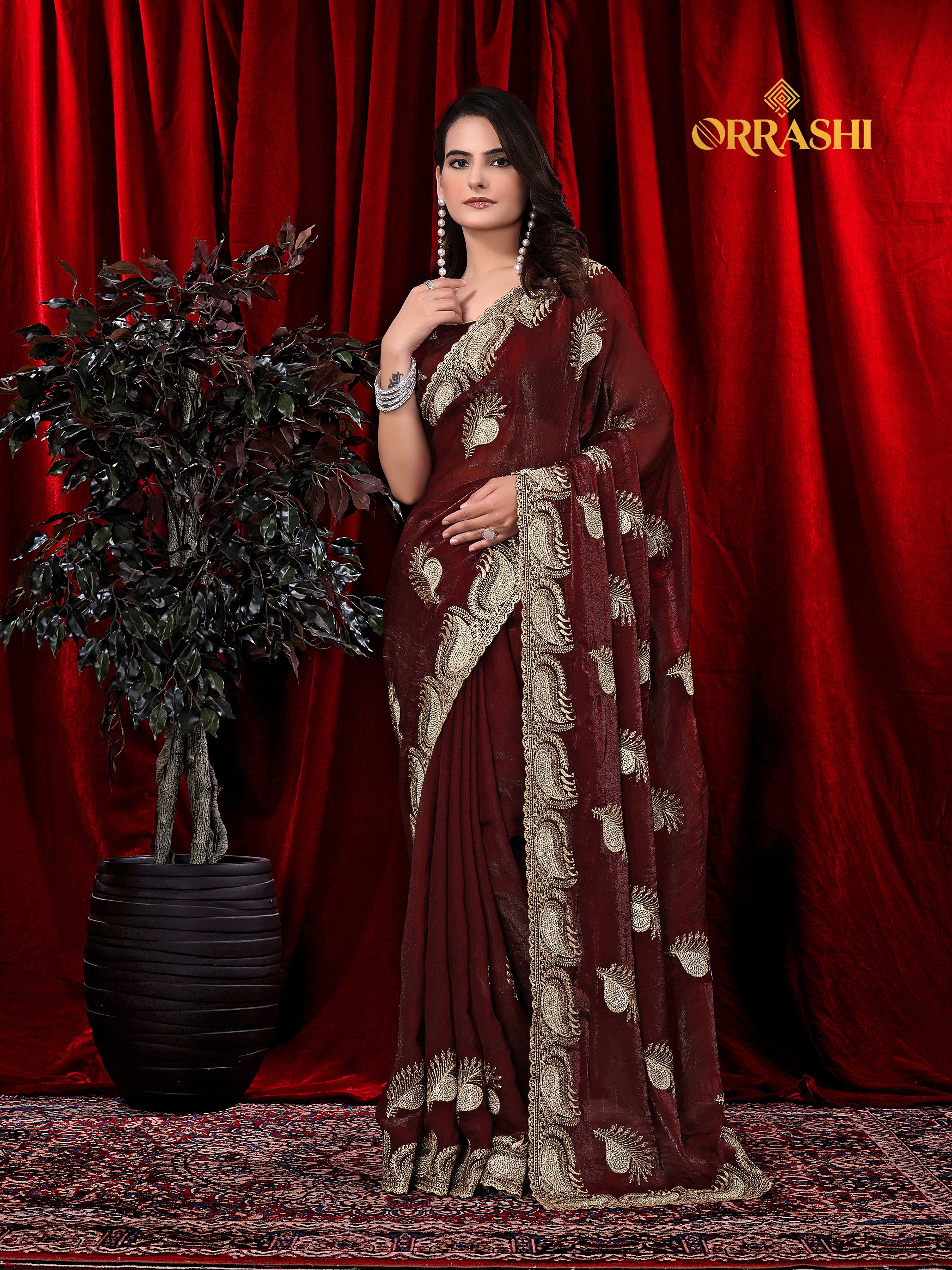 MORPANKH EMBROIDERIED WITH JARKAN WORK FENDY SATIN SILK SAREE