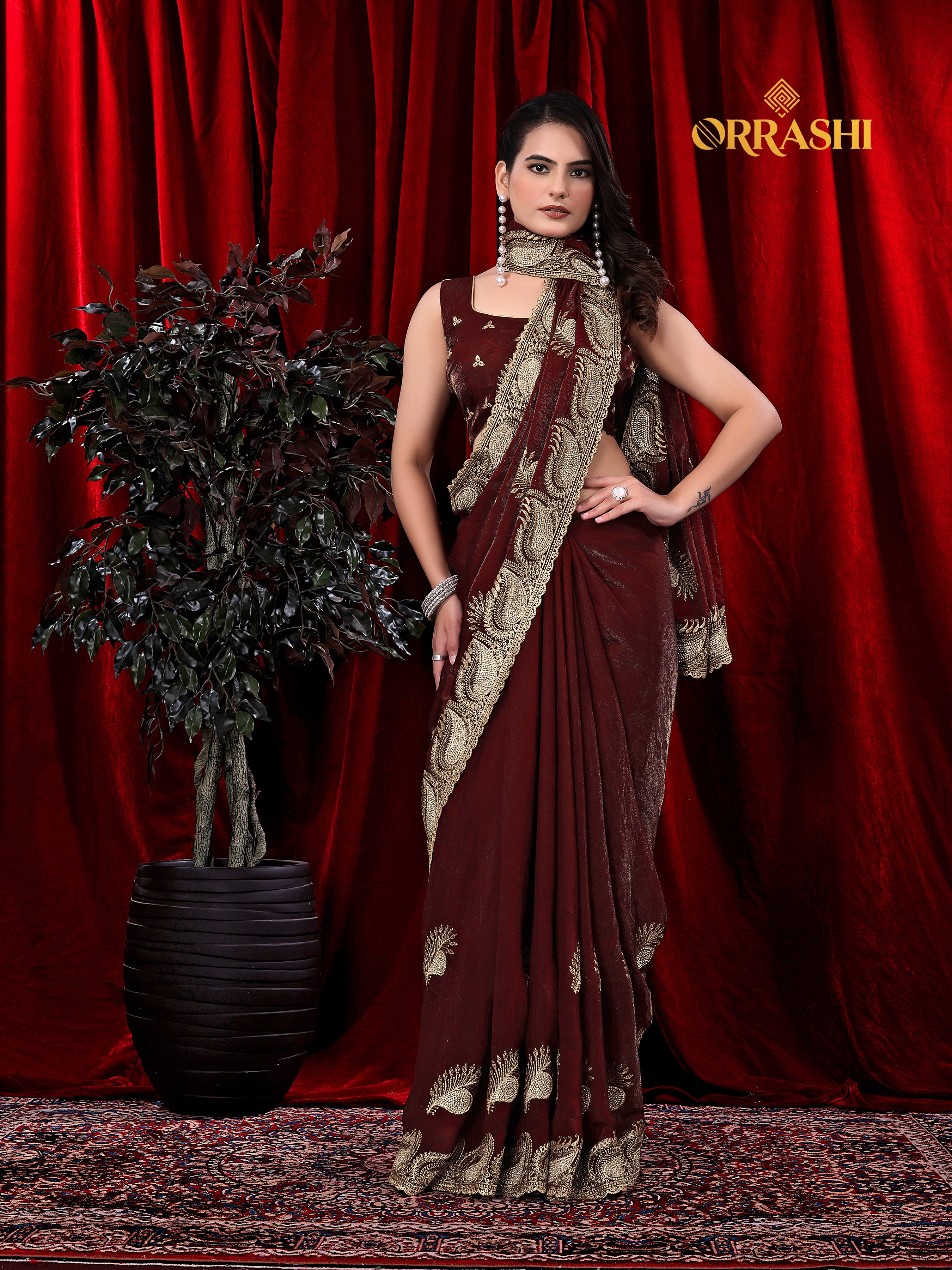MORPANKH EMBROIDERIED WITH JARKAN WORK FENDY SATIN SILK SAREE