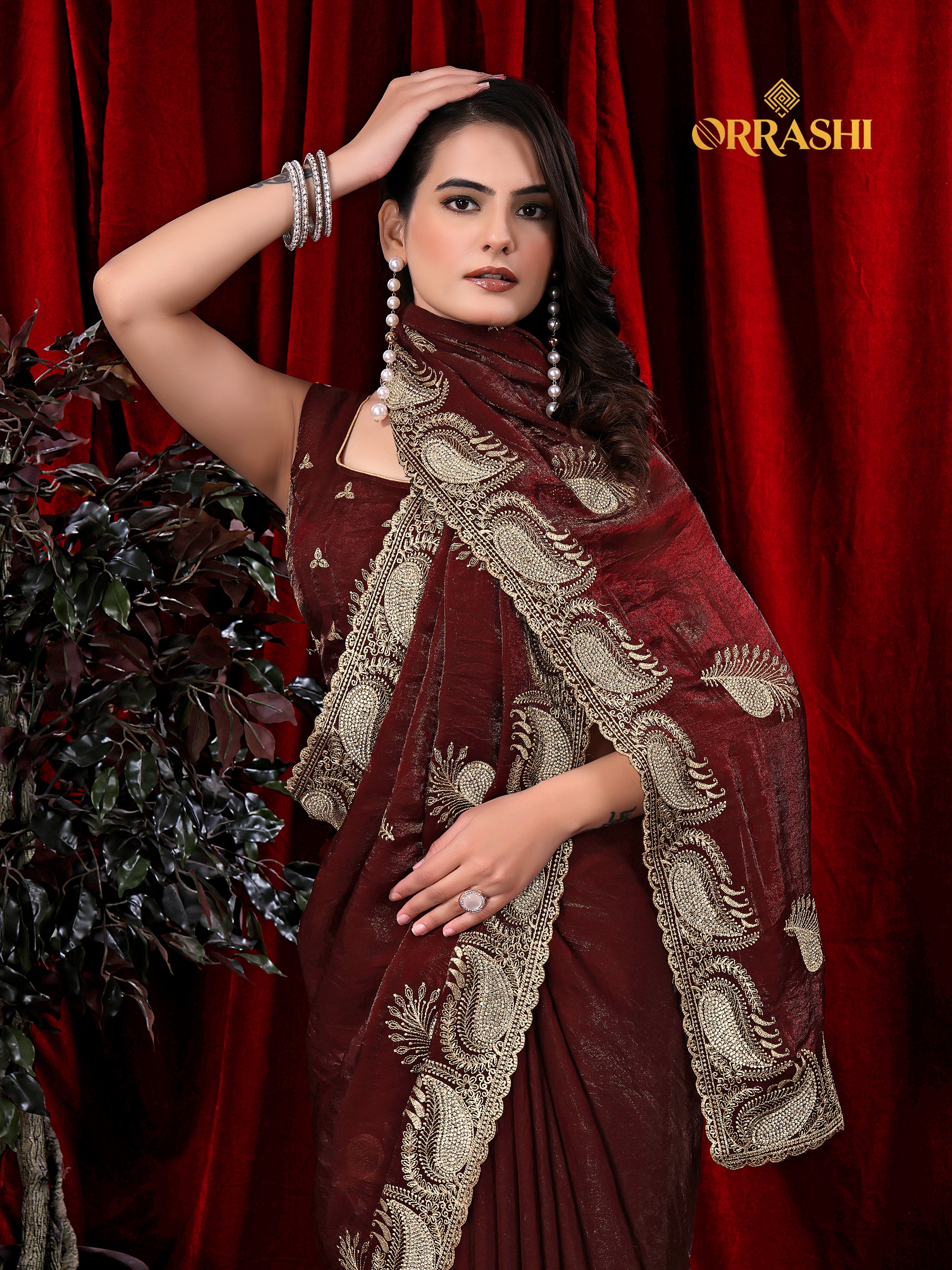 MORPANKH EMBROIDERIED WITH JARKAN WORK FENDY SATIN SILK SAREE