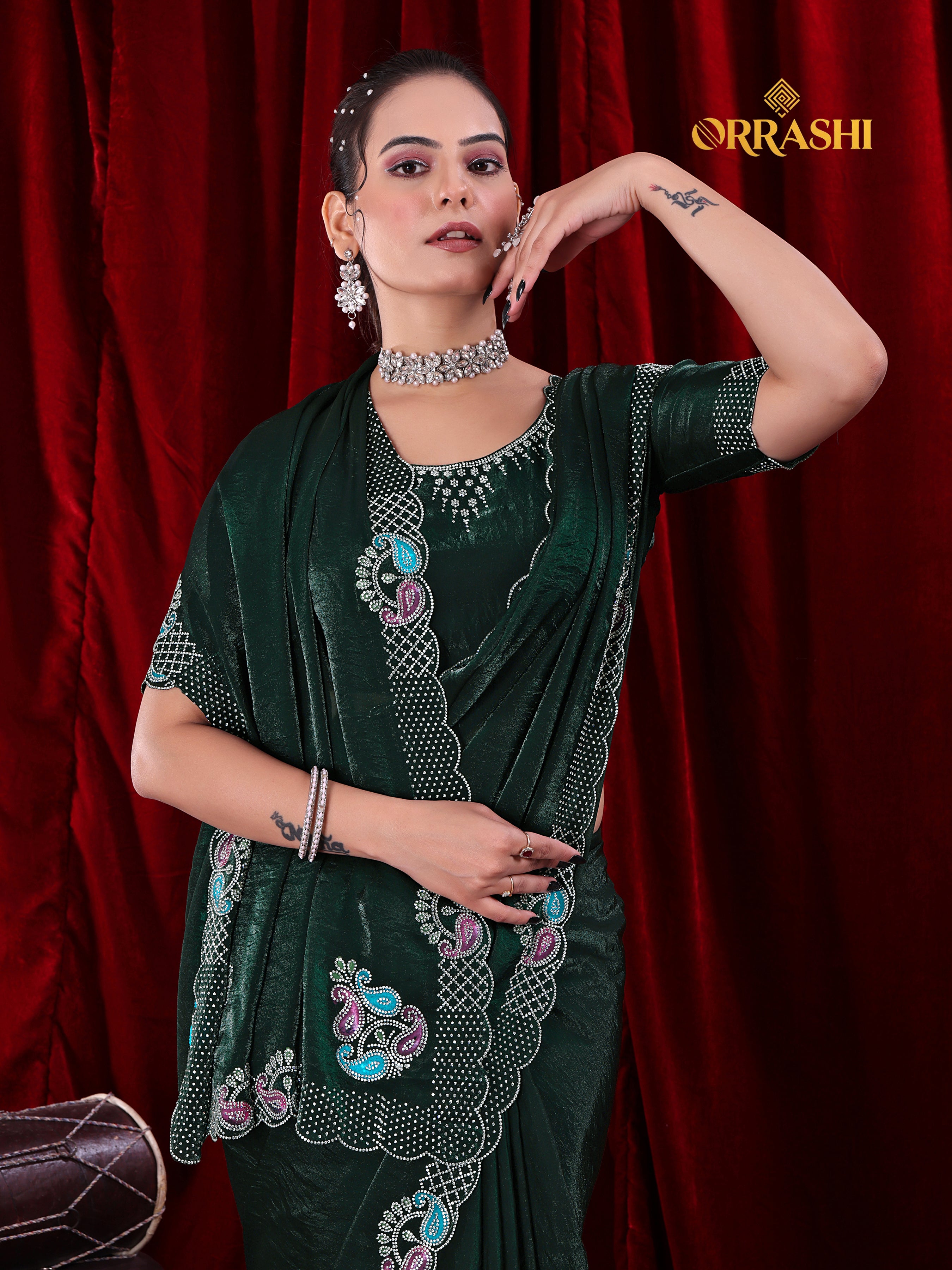 MANGO JARKAN WORK FENDY SATIN SILK SAREE