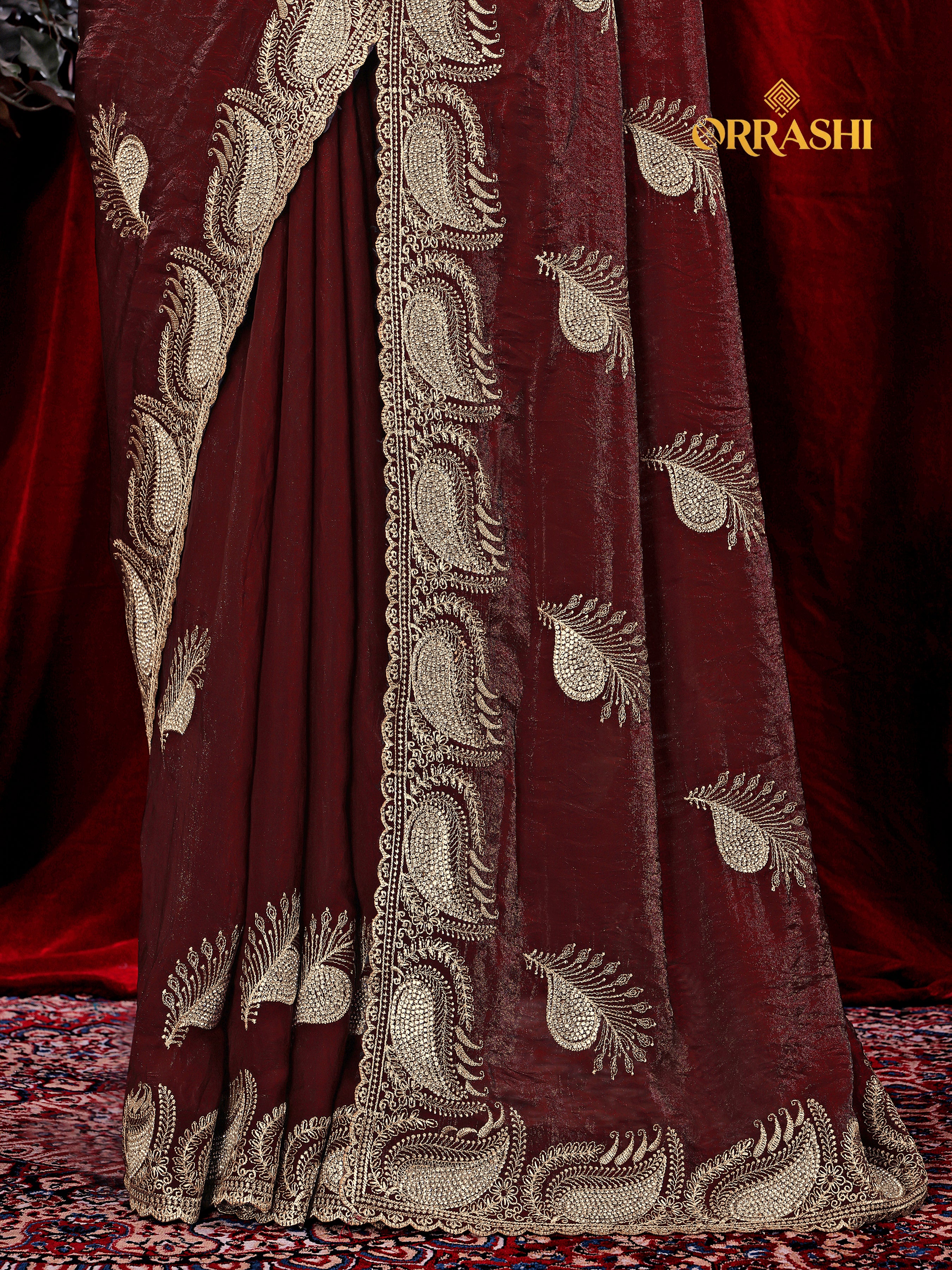 MORPANKH EMBROIDERIED WITH JARKAN WORK FENDY SATIN SILK SAREE