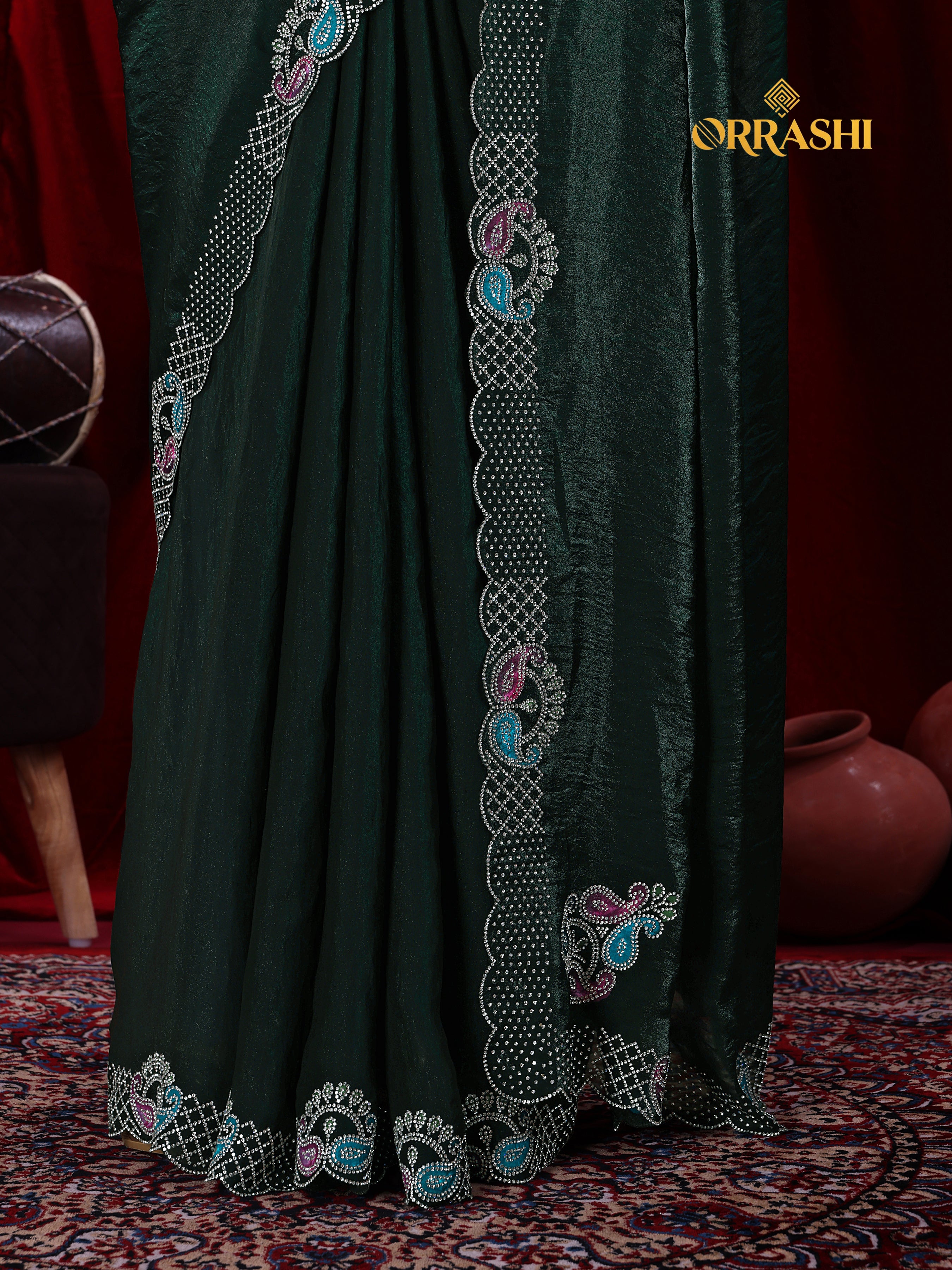 MANGO JARKAN WORK FENDY SATIN SILK SAREE