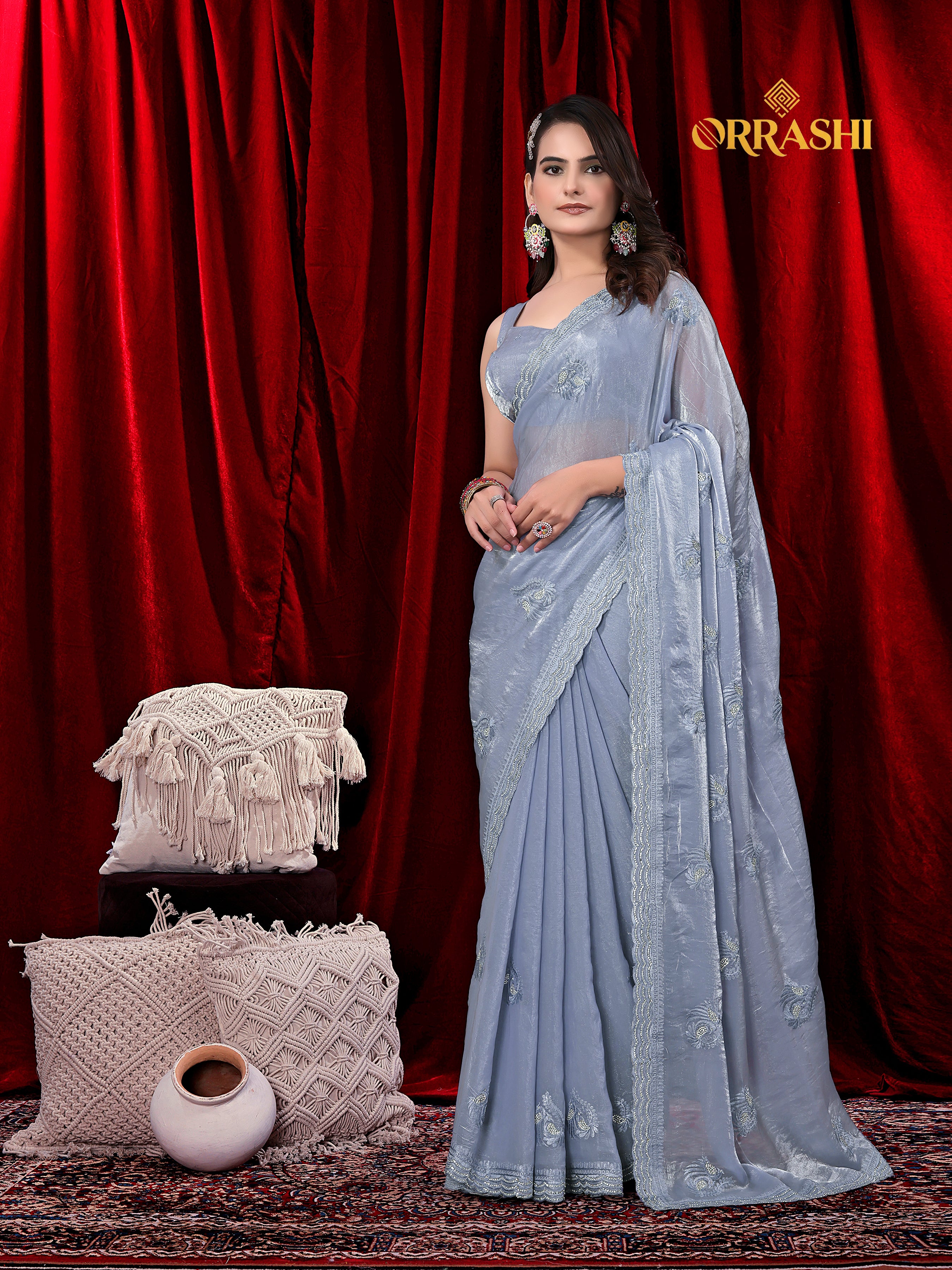 MORNI EMBROIDERIED WITH JARKAN WORK FENDY SATIN SILK SAREE