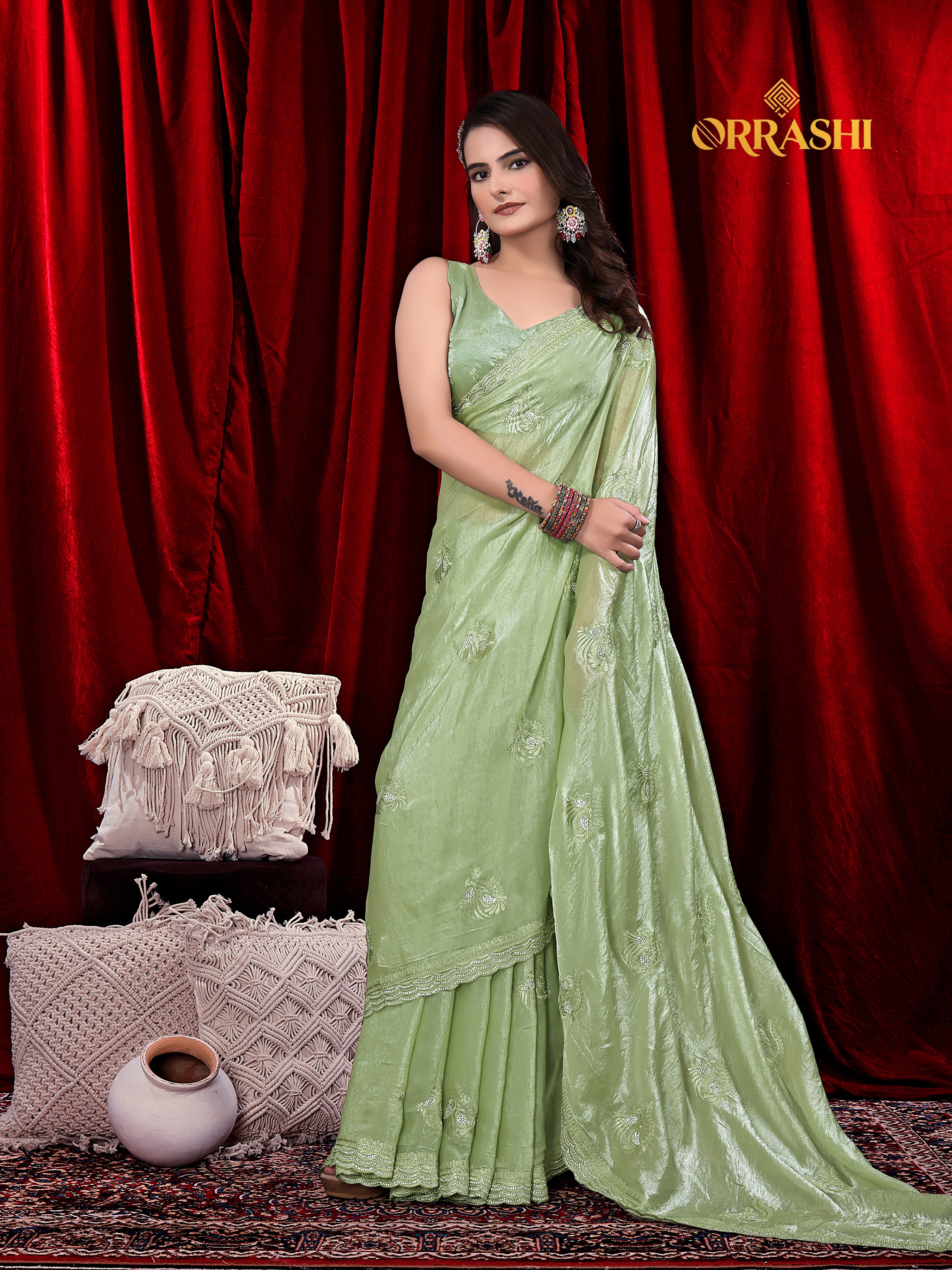MORNI EMBROIDERIED WITH JARKAN WORK FENDY SATIN SILK SAREE