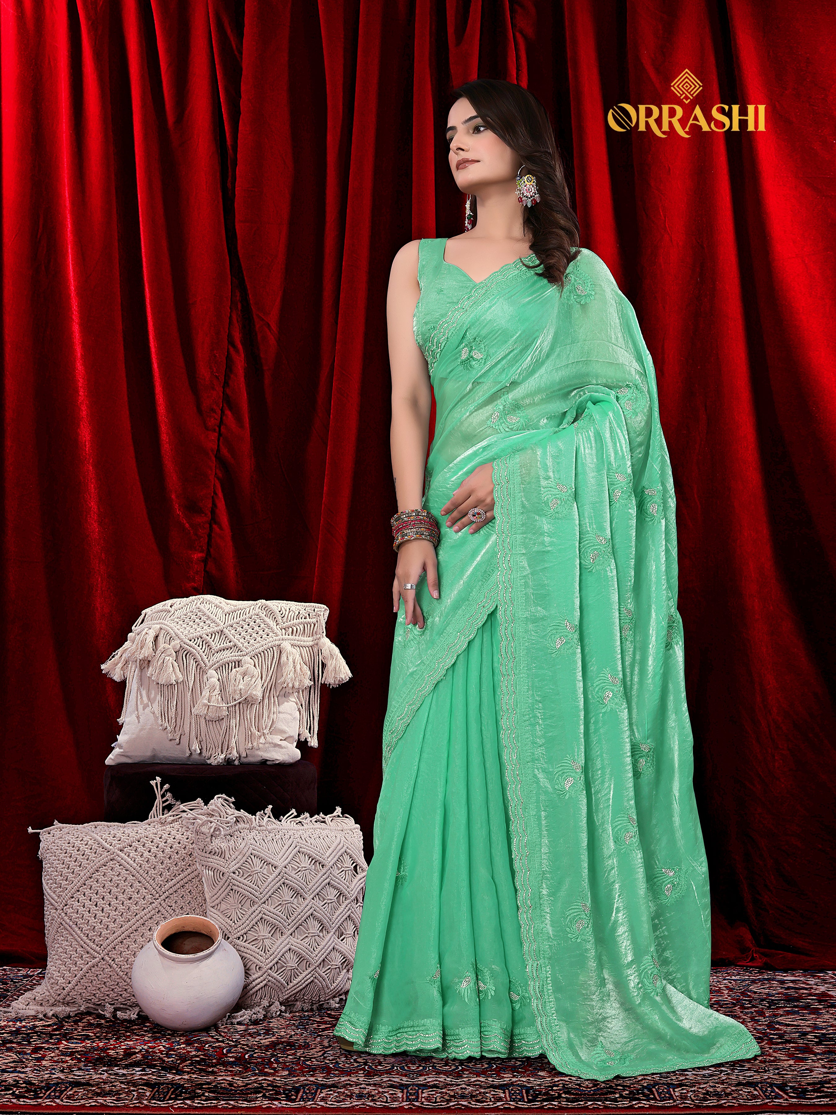 MORNI EMBROIDERIED WITH JARKAN WORK FENDY SATIN SILK SAREE