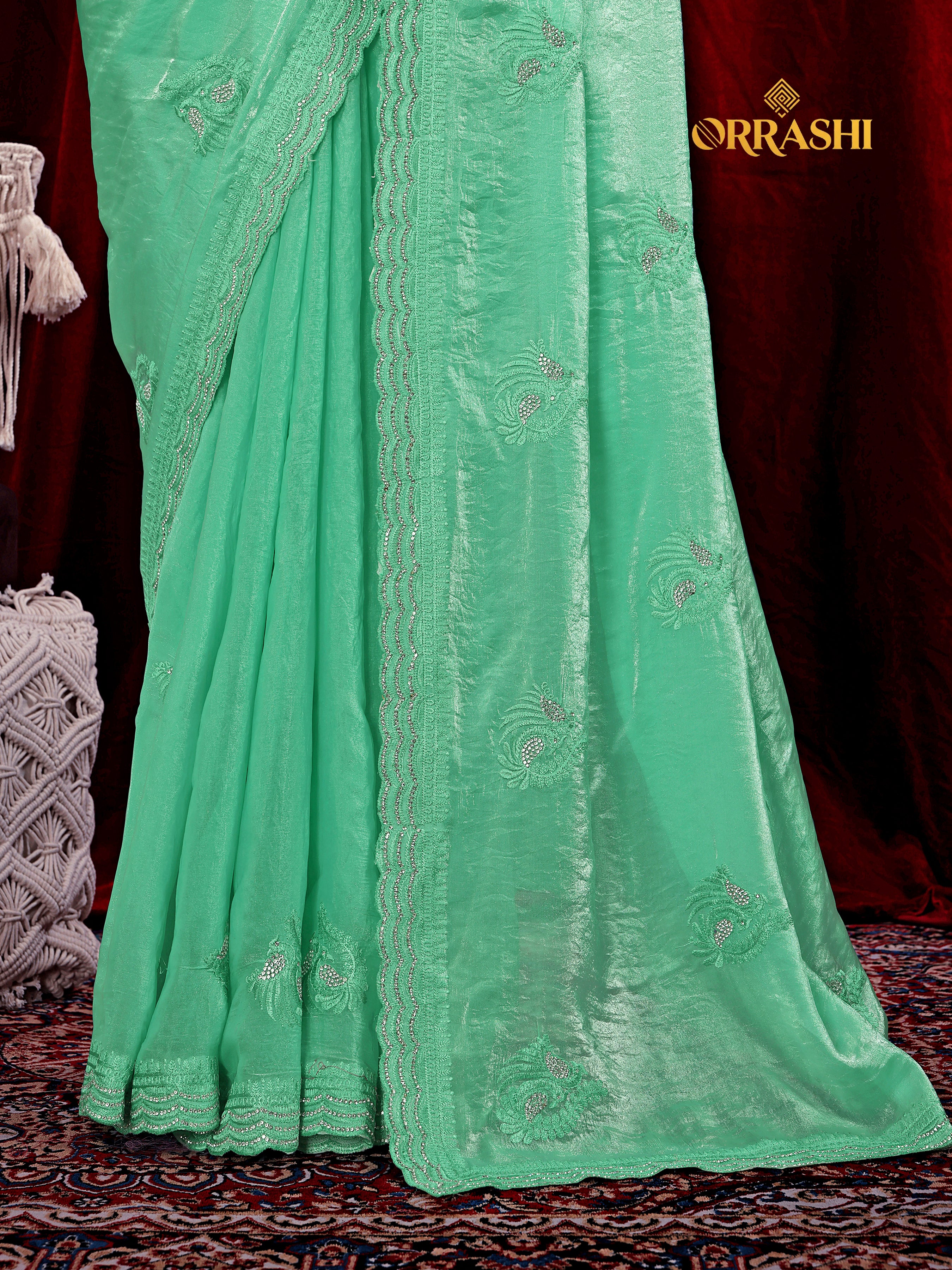 MORNI EMBROIDERIED WITH JARKAN WORK FENDY SATIN SILK SAREE