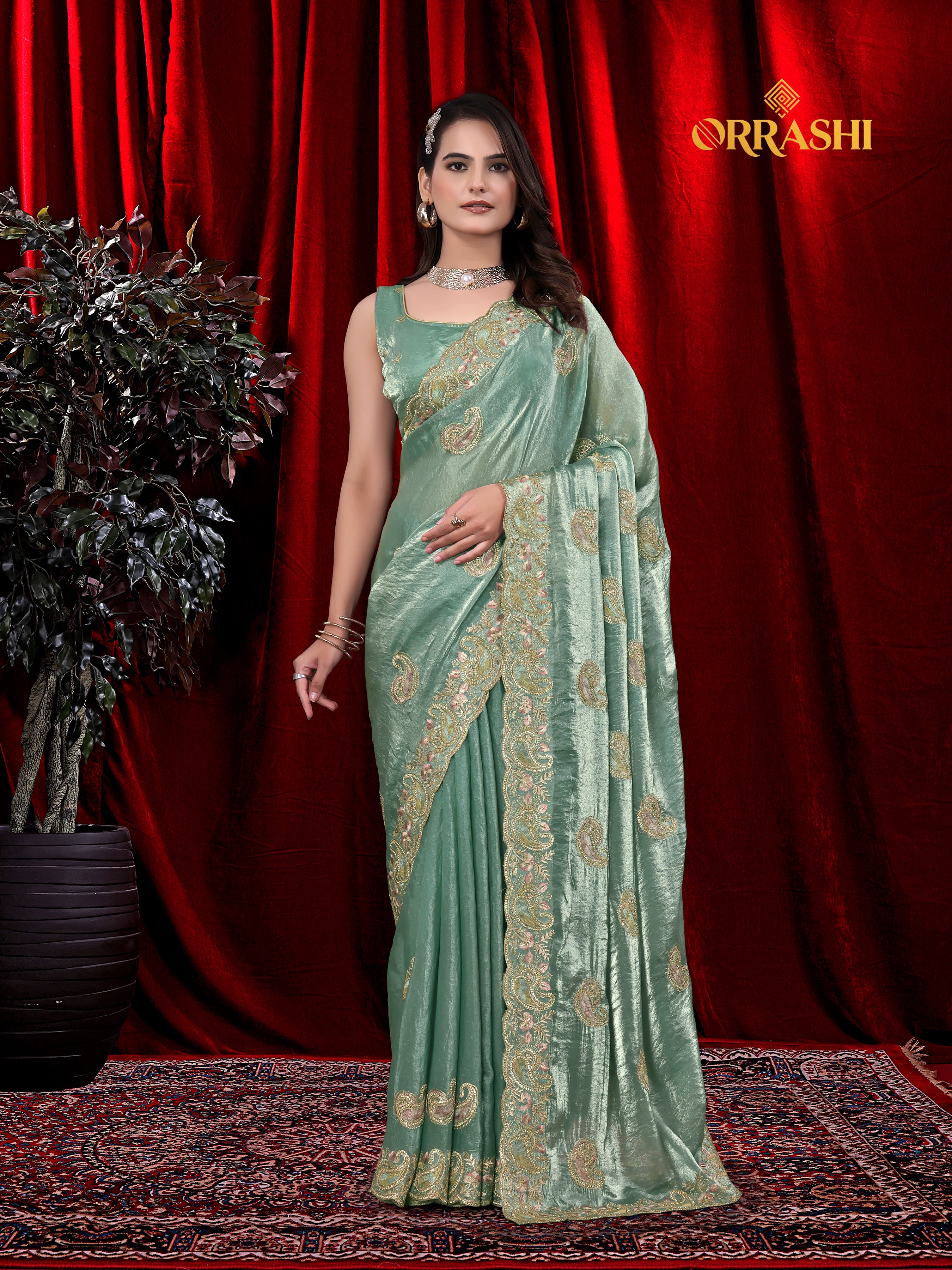 MASTANI MANGO EMBROIDERIED WITH JARKAN WORK FENDY SATIN SILK SAREE&nbsp;
