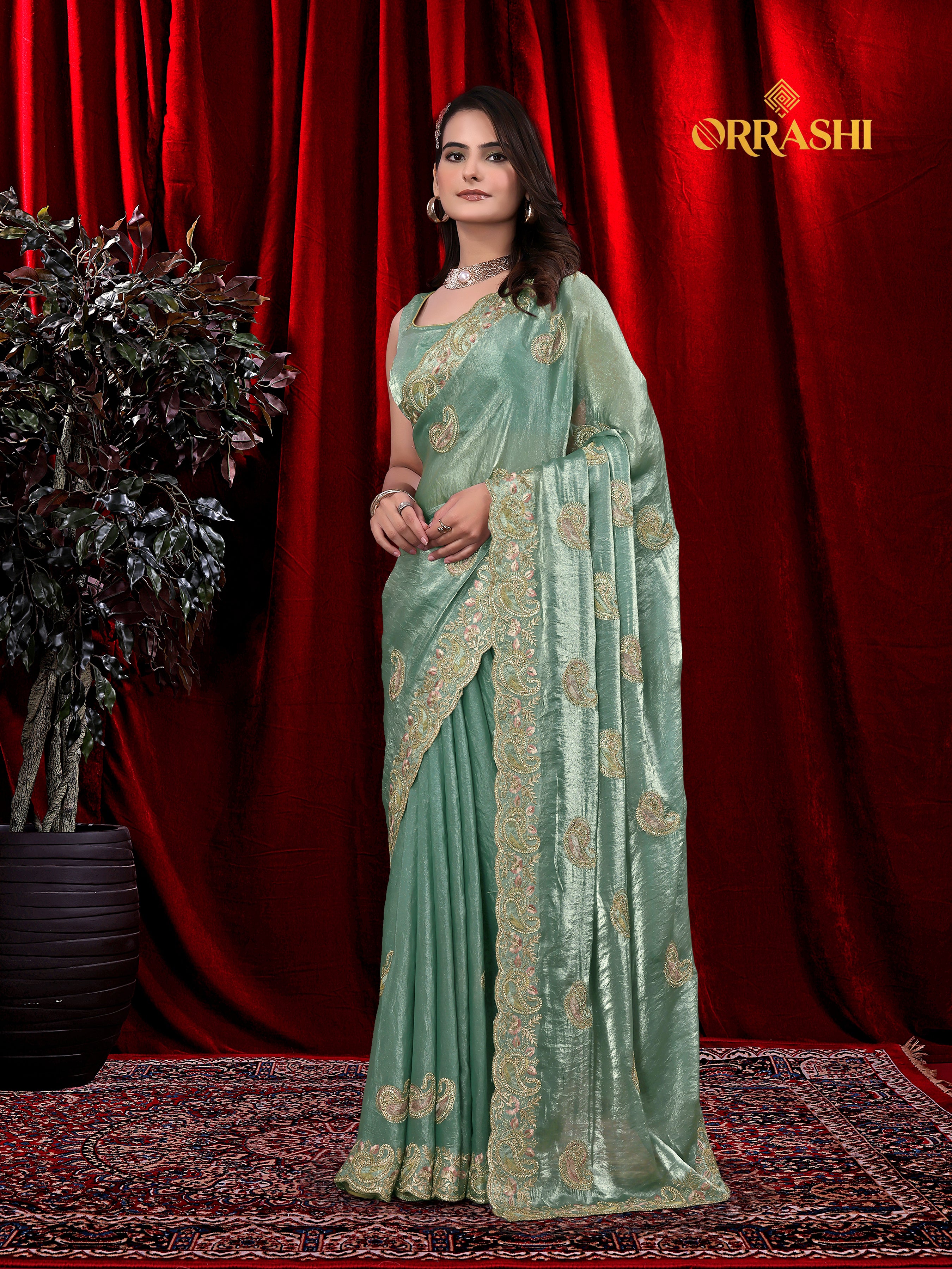 MASTANI MANGO EMBROIDERIED WITH JARKAN WORK FENDY SATIN SILK SAREE&nbsp;