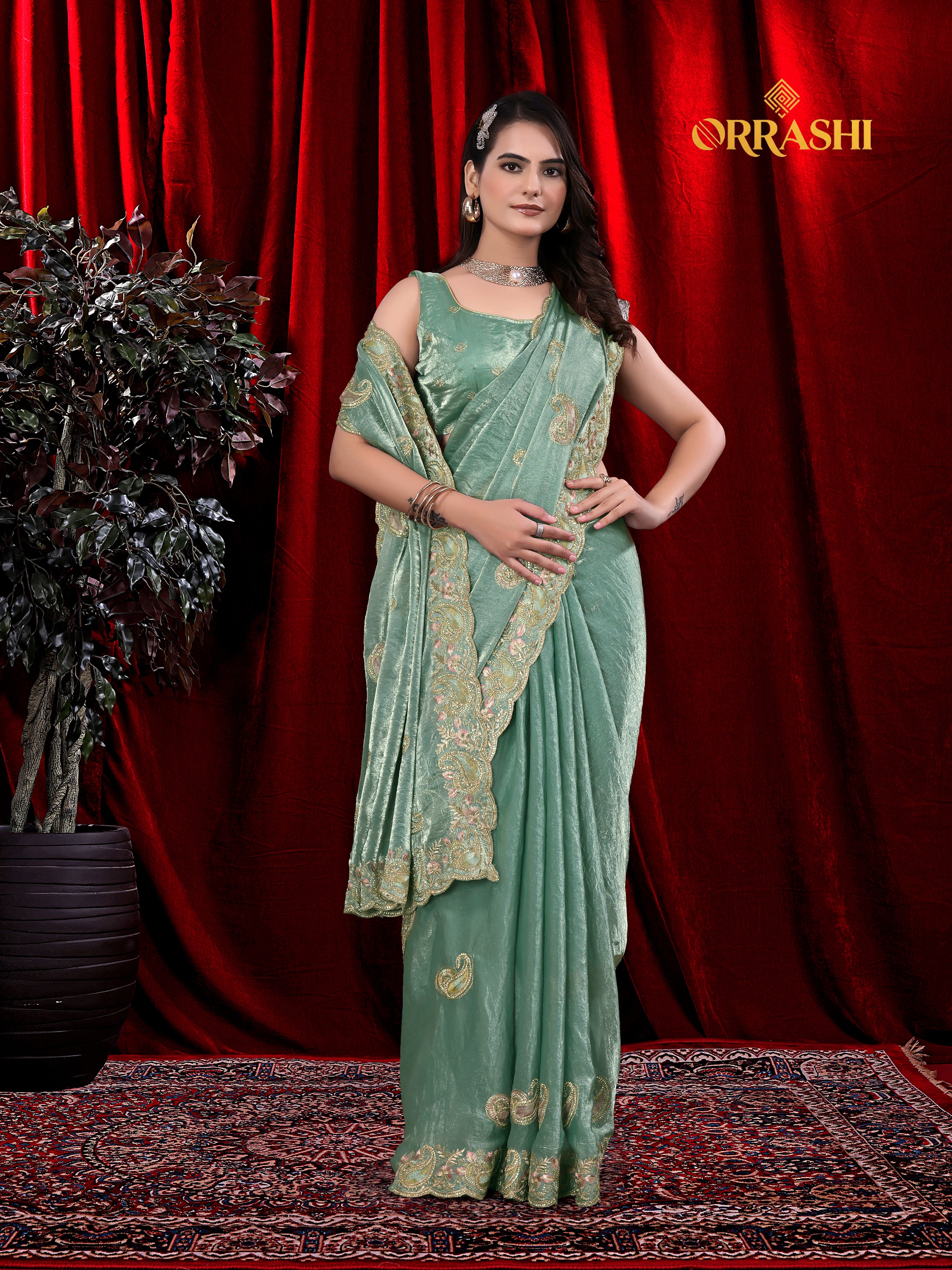 MASTANI MANGO EMBROIDERIED WITH JARKAN WORK FENDY SATIN SILK SAREE&nbsp;