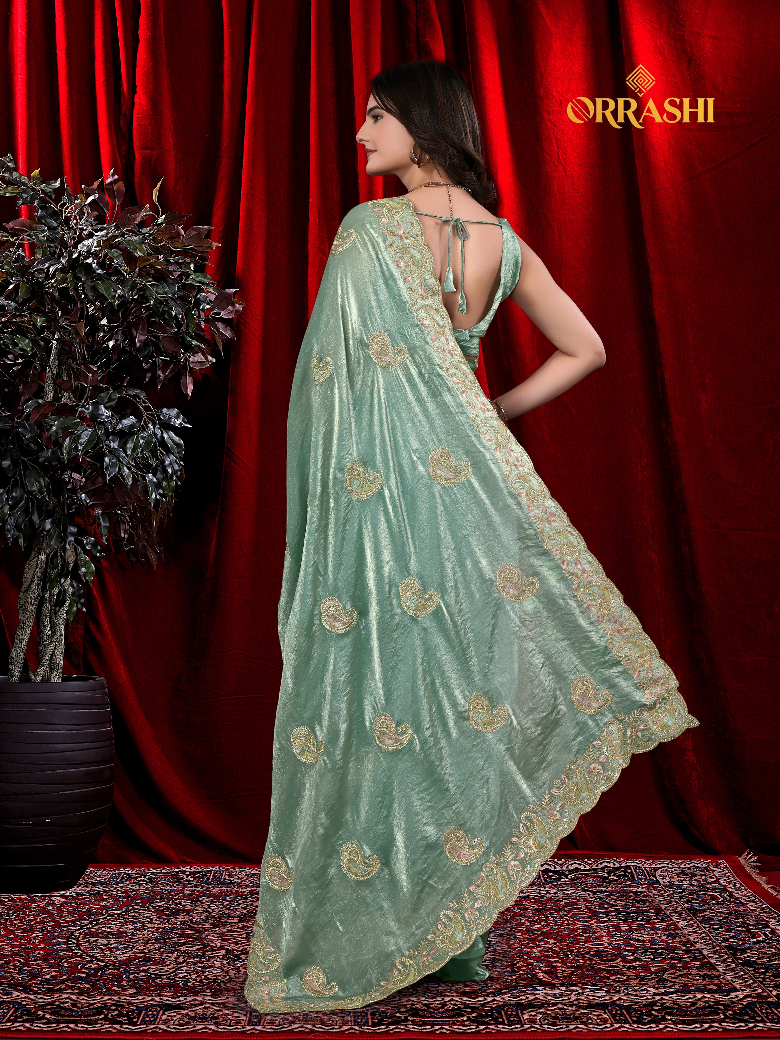 MASTANI MANGO EMBROIDERIED WITH JARKAN WORK FENDY SATIN SILK SAREE&nbsp;