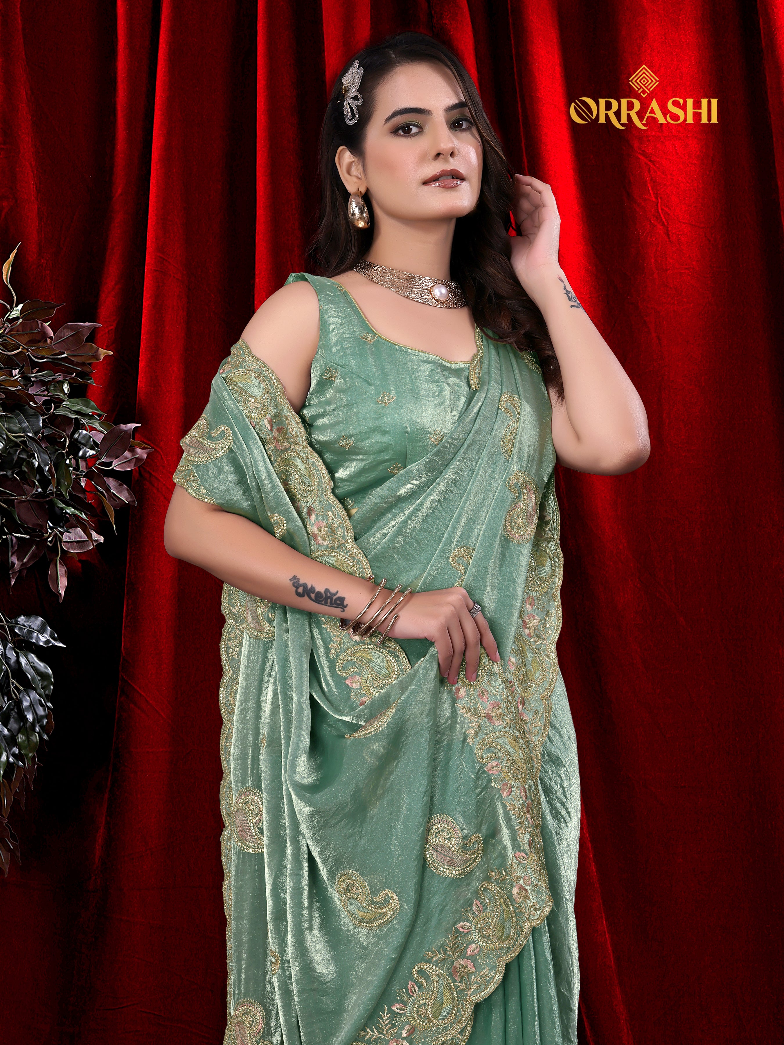 MASTANI MANGO EMBROIDERIED WITH JARKAN WORK FENDY SATIN SILK SAREE&nbsp;