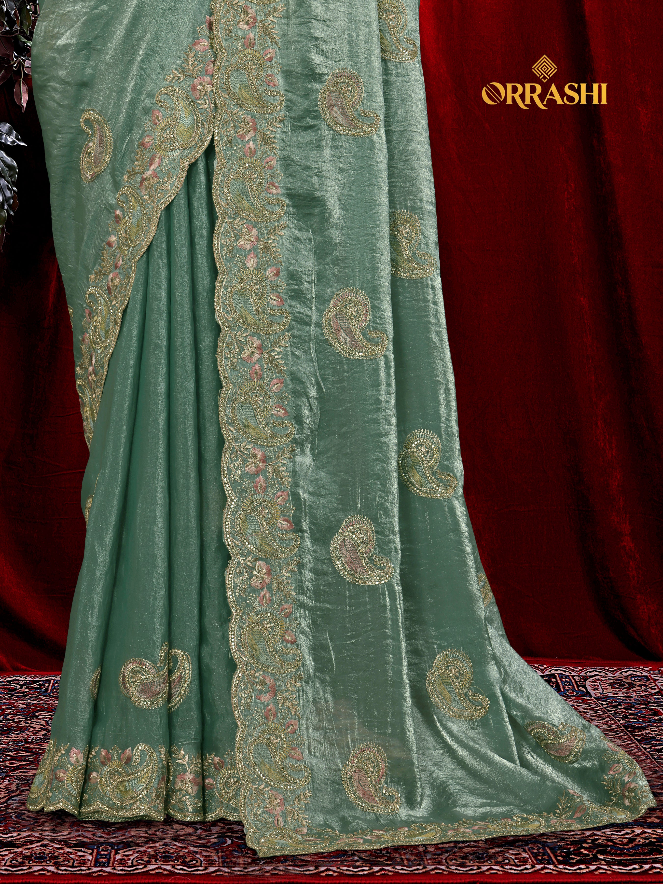 MASTANI MANGO EMBROIDERIED WITH JARKAN WORK FENDY SATIN SILK SAREE&nbsp;