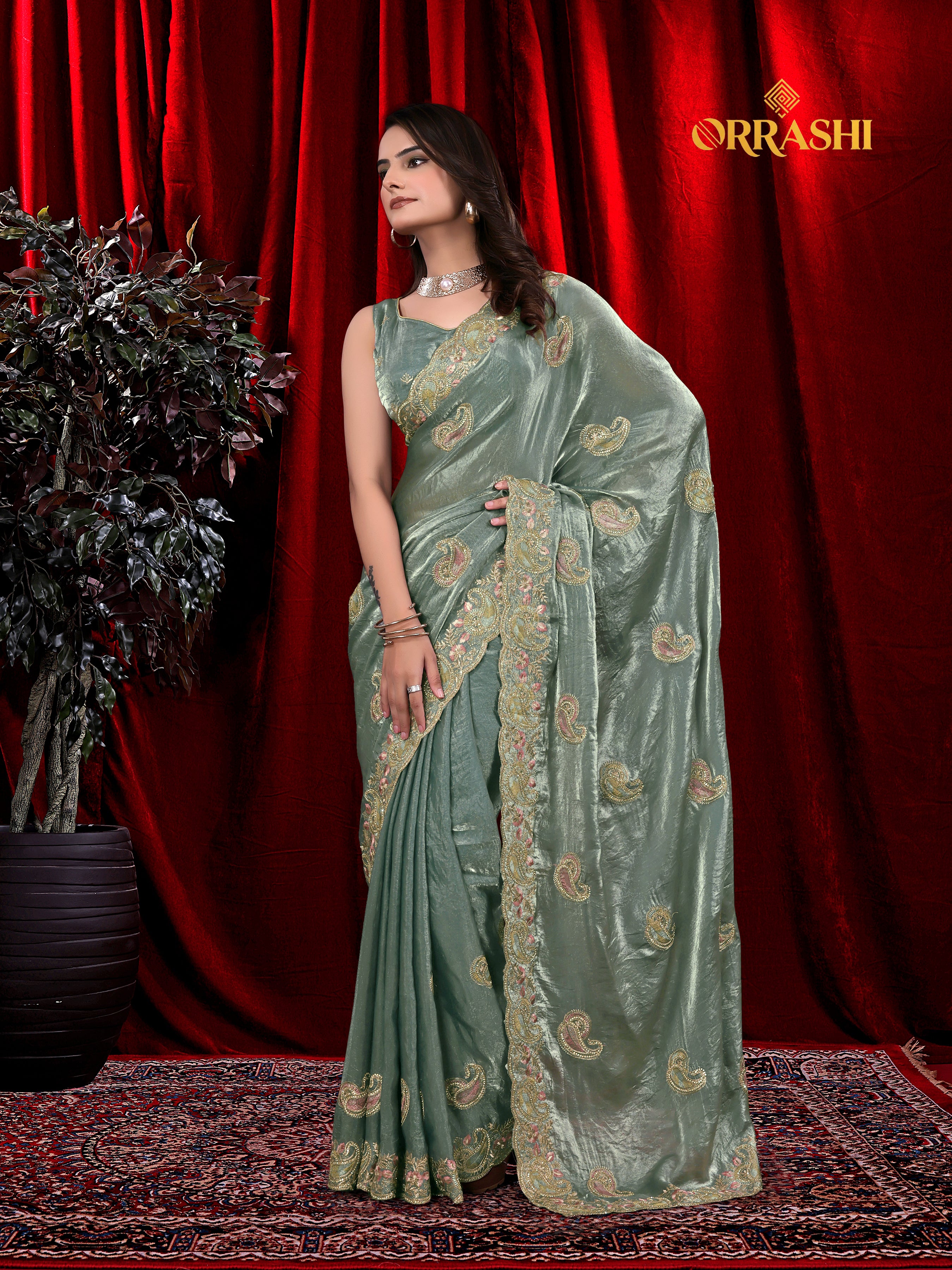 MASTANI MANGO EMBROIDERIED WITH JARKAN WORK FENDY SATIN SILK SAREE&nbsp;