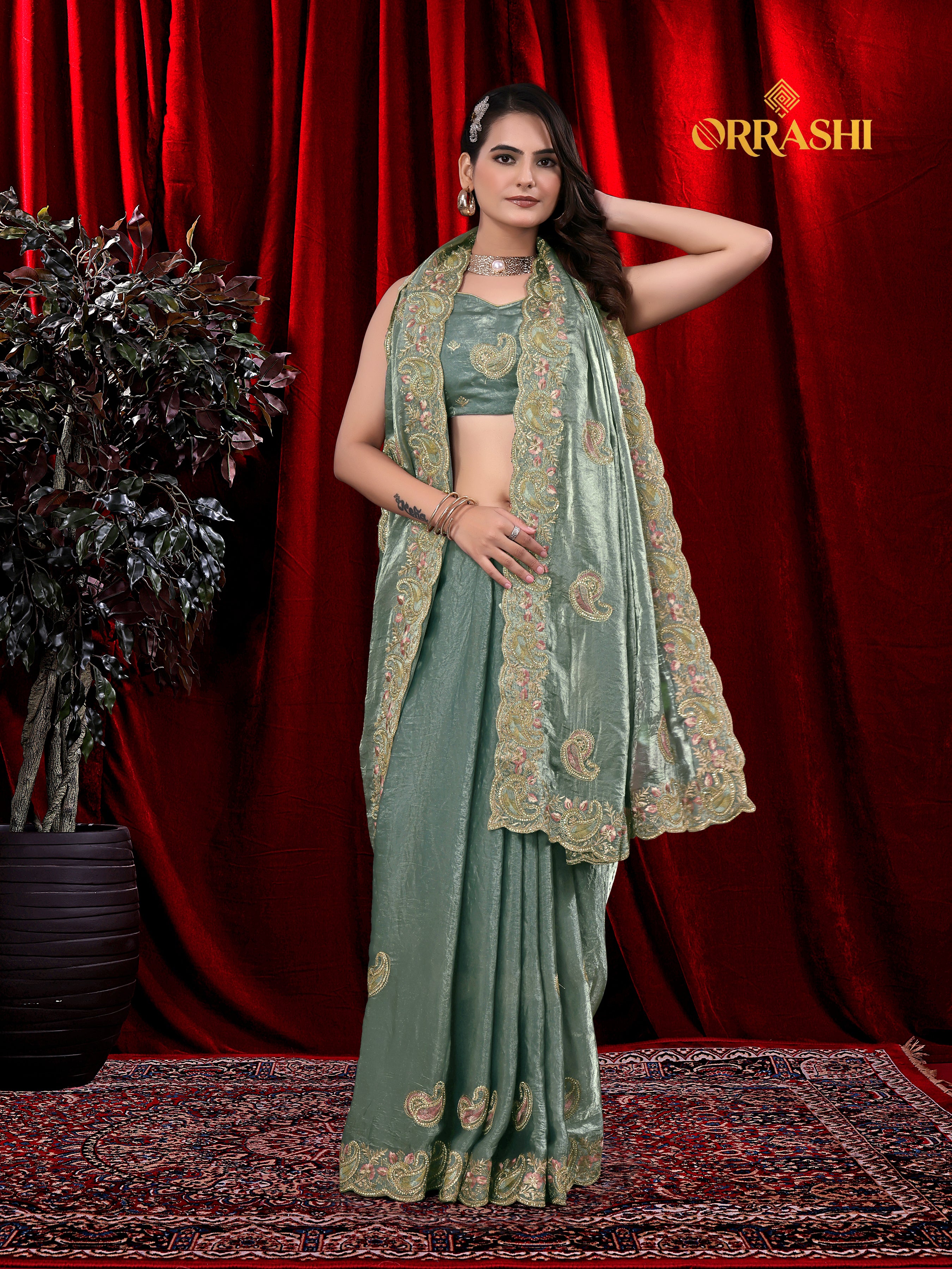 MASTANI MANGO EMBROIDERIED WITH JARKAN WORK FENDY SATIN SILK SAREE&nbsp;