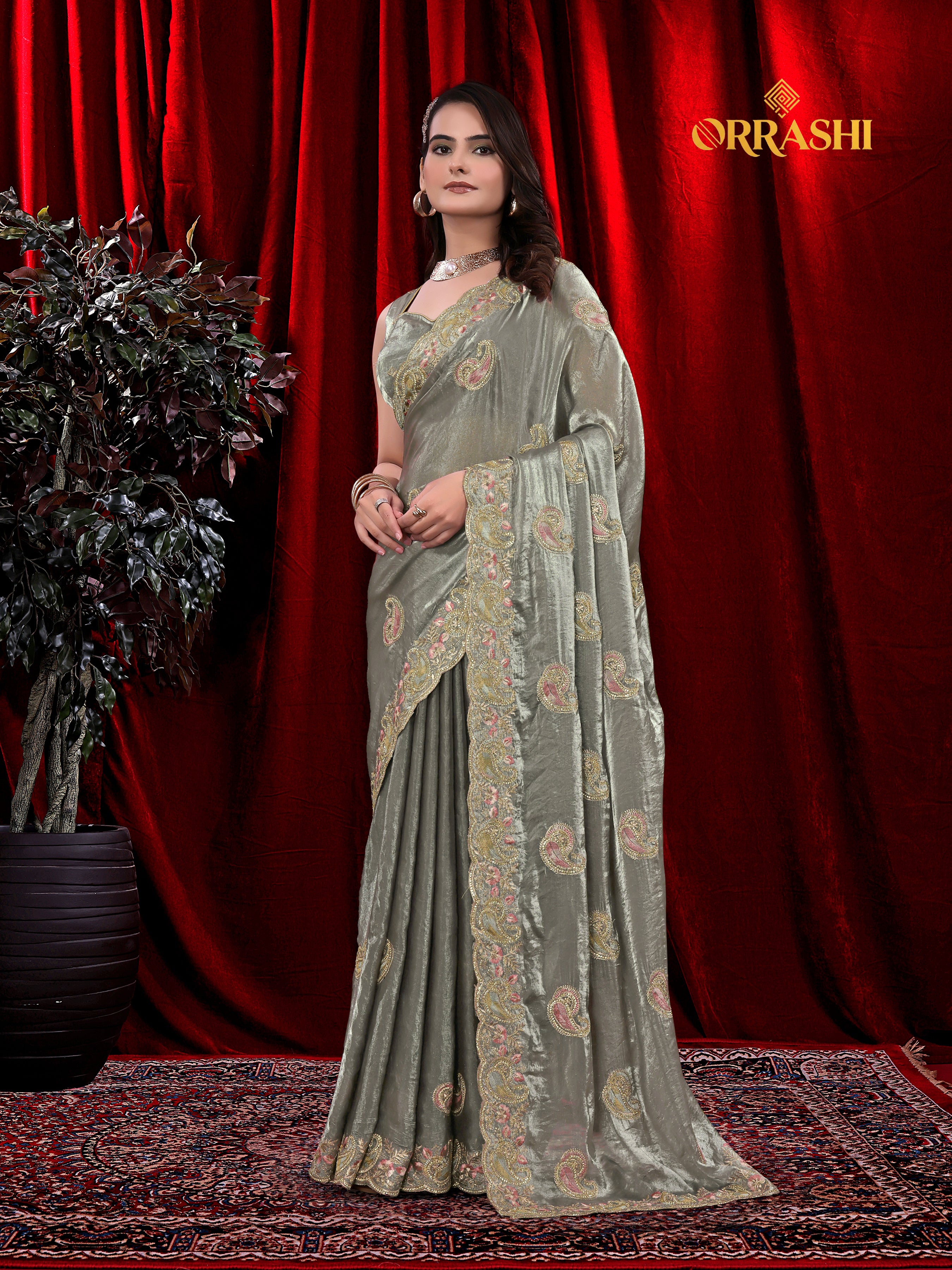 MASTANI MANGO EMBROIDERIED WITH JARKAN WORK FENDY SATIN SILK SAREE&nbsp;