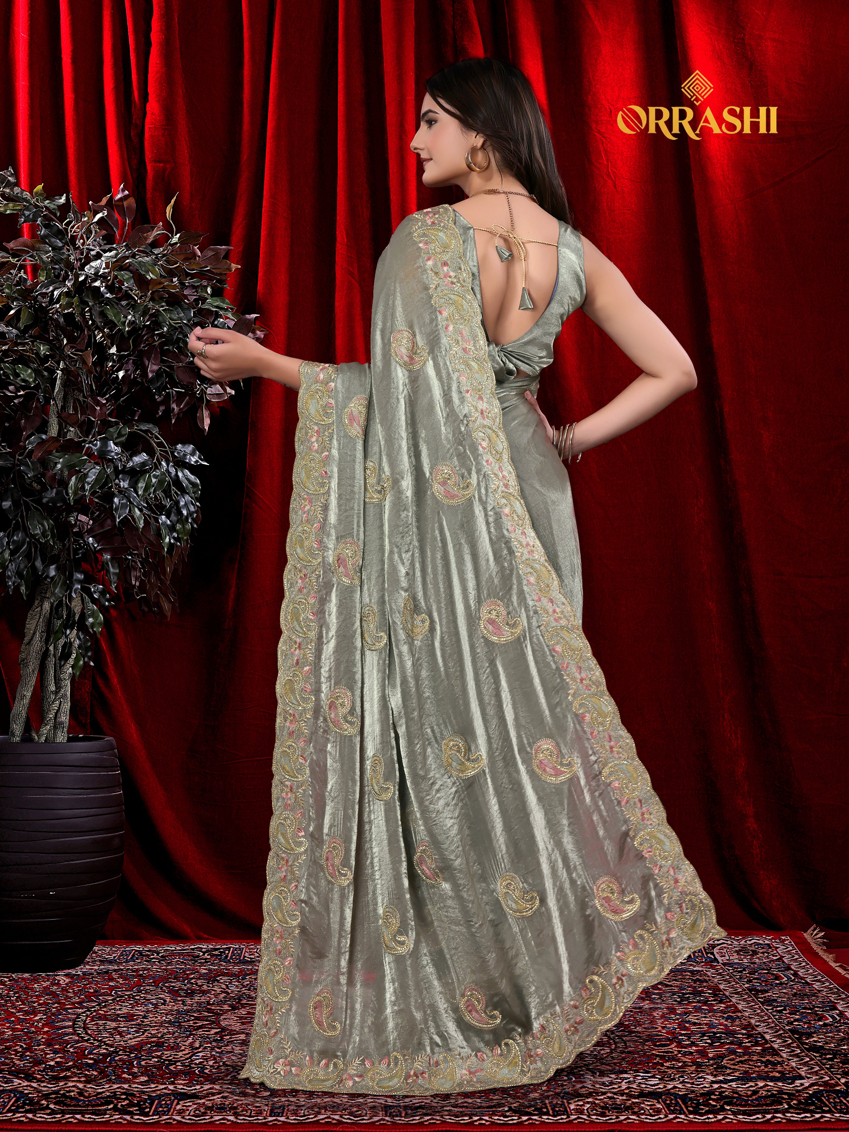 MASTANI MANGO EMBROIDERIED WITH JARKAN WORK FENDY SATIN SILK SAREE&nbsp;