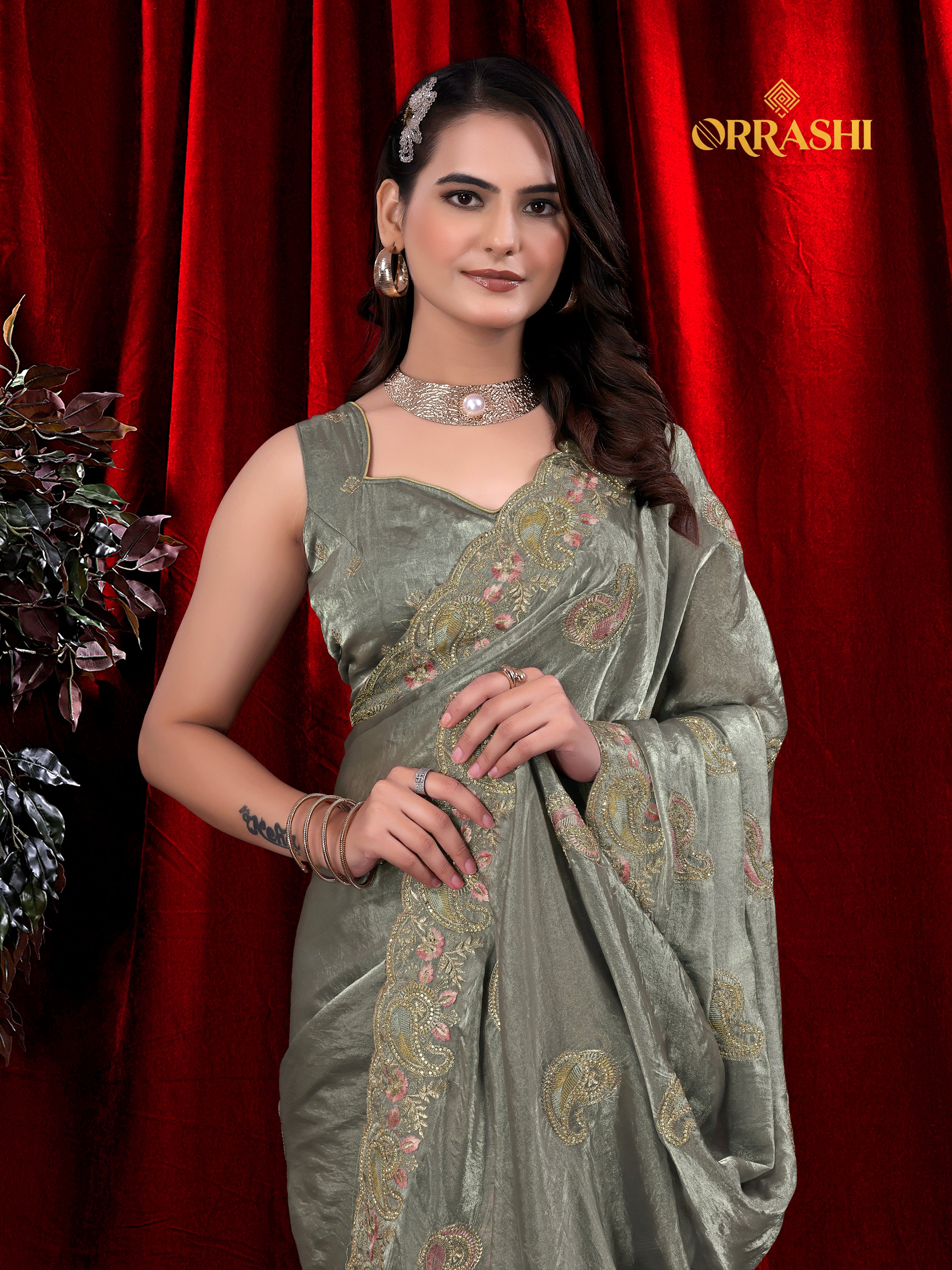 MASTANI MANGO EMBROIDERIED WITH JARKAN WORK FENDY SATIN SILK SAREE&nbsp;