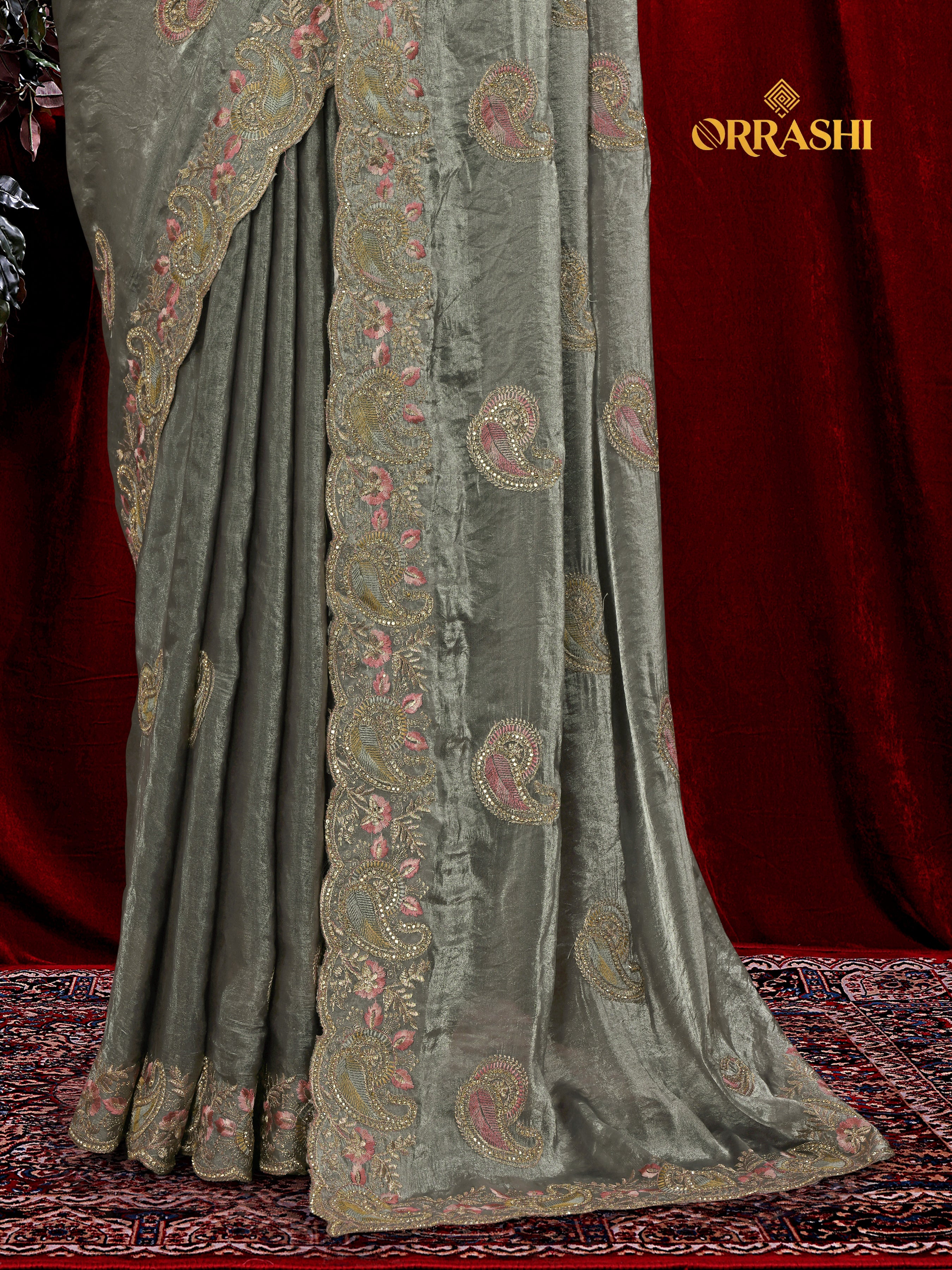 MASTANI MANGO EMBROIDERIED WITH JARKAN WORK FENDY SATIN SILK SAREE&nbsp;