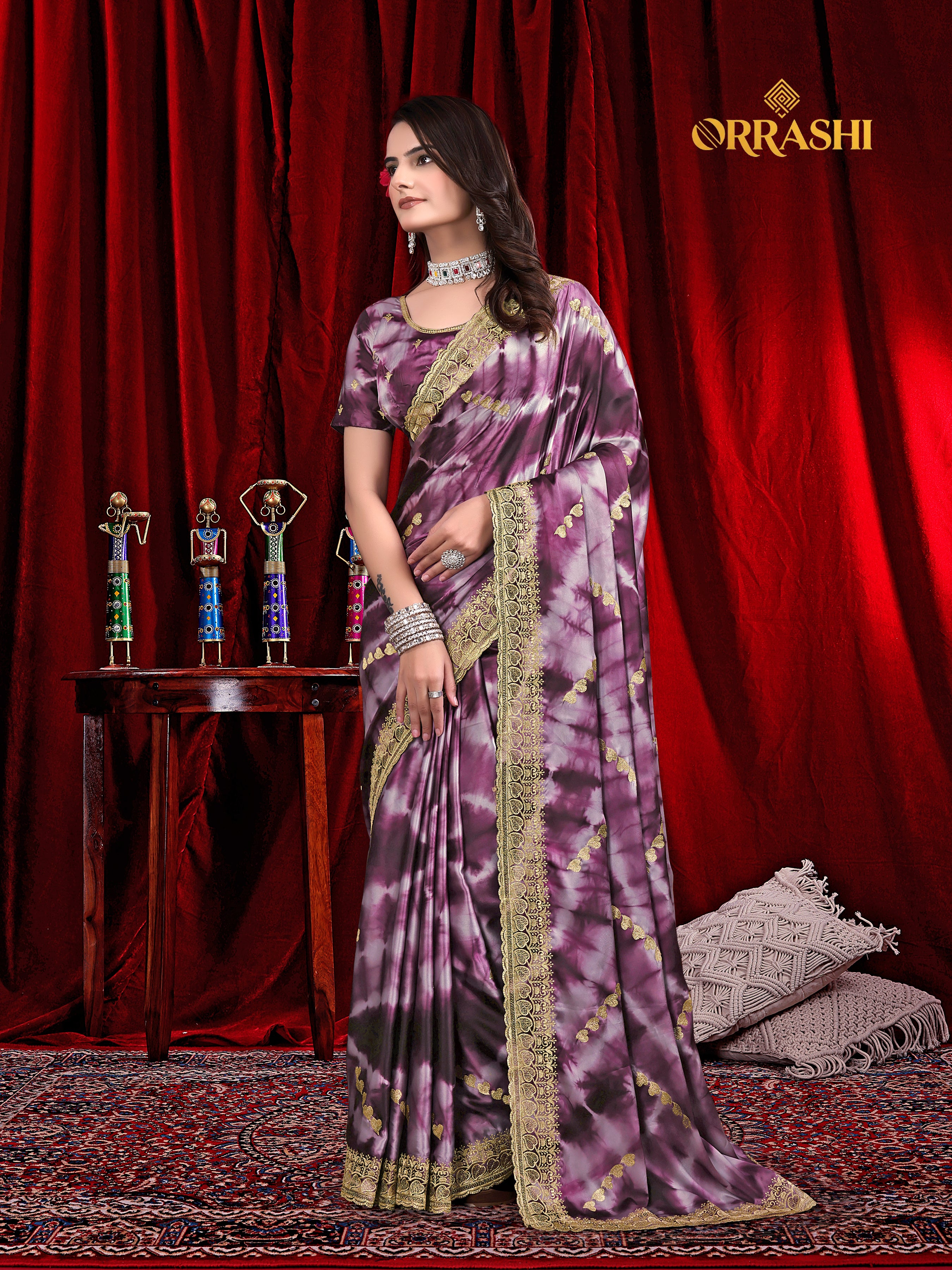 FLOWER PRINTED JARKAN WORK JAPAN SATIN SILK SAREE