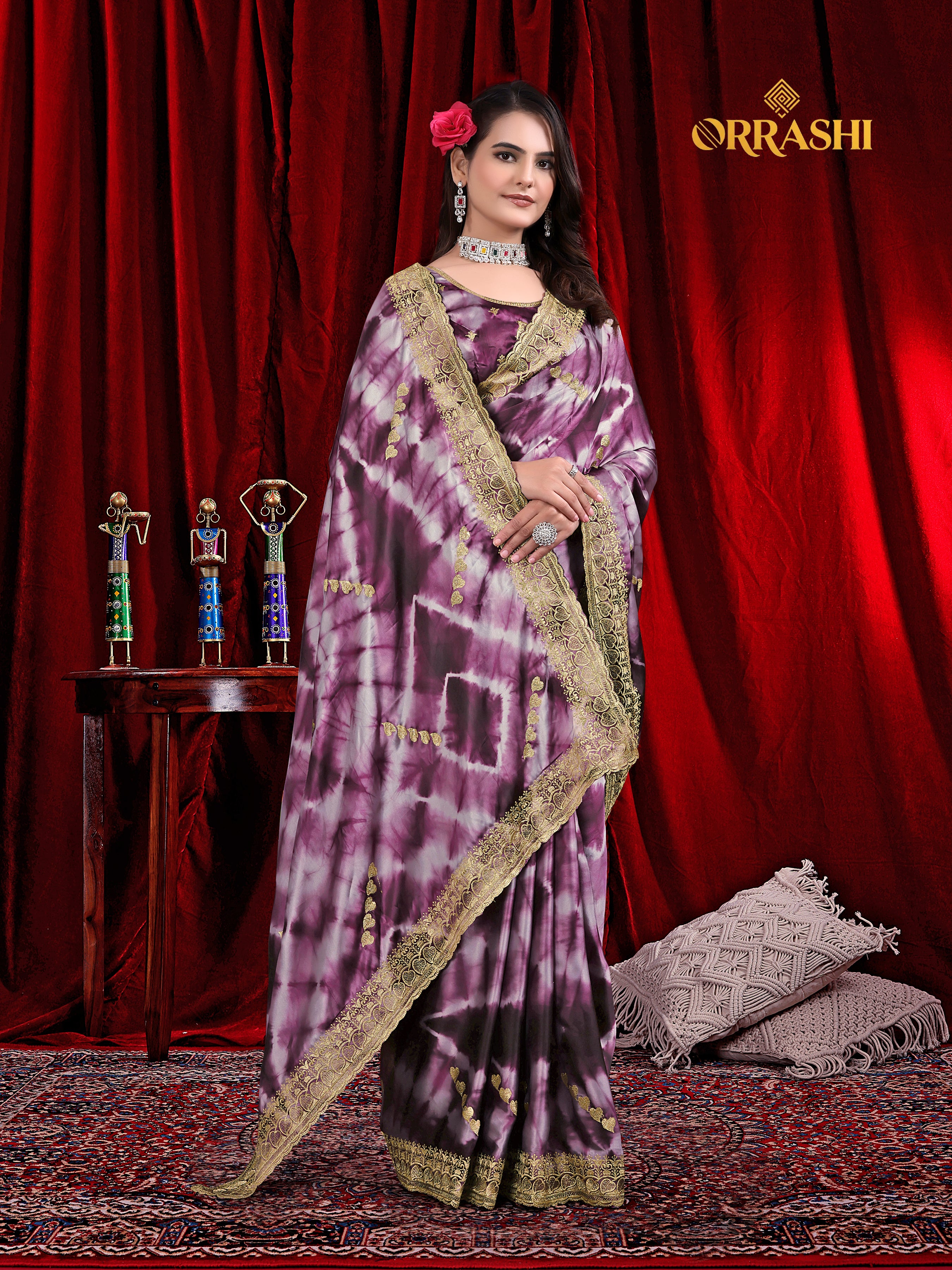 FLOWER PRINTED JARKAN WORK JAPAN SATIN SILK SAREE