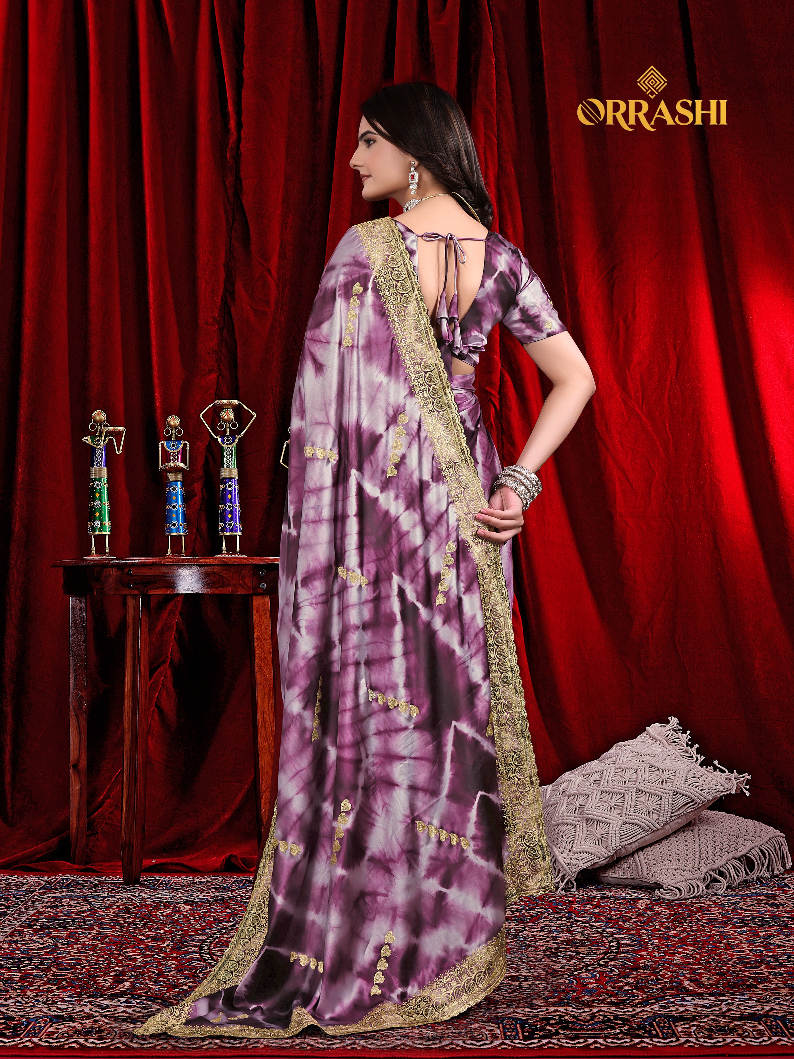 FLOWER PRINTED JARKAN WORK JAPAN SATIN SILK SAREE
