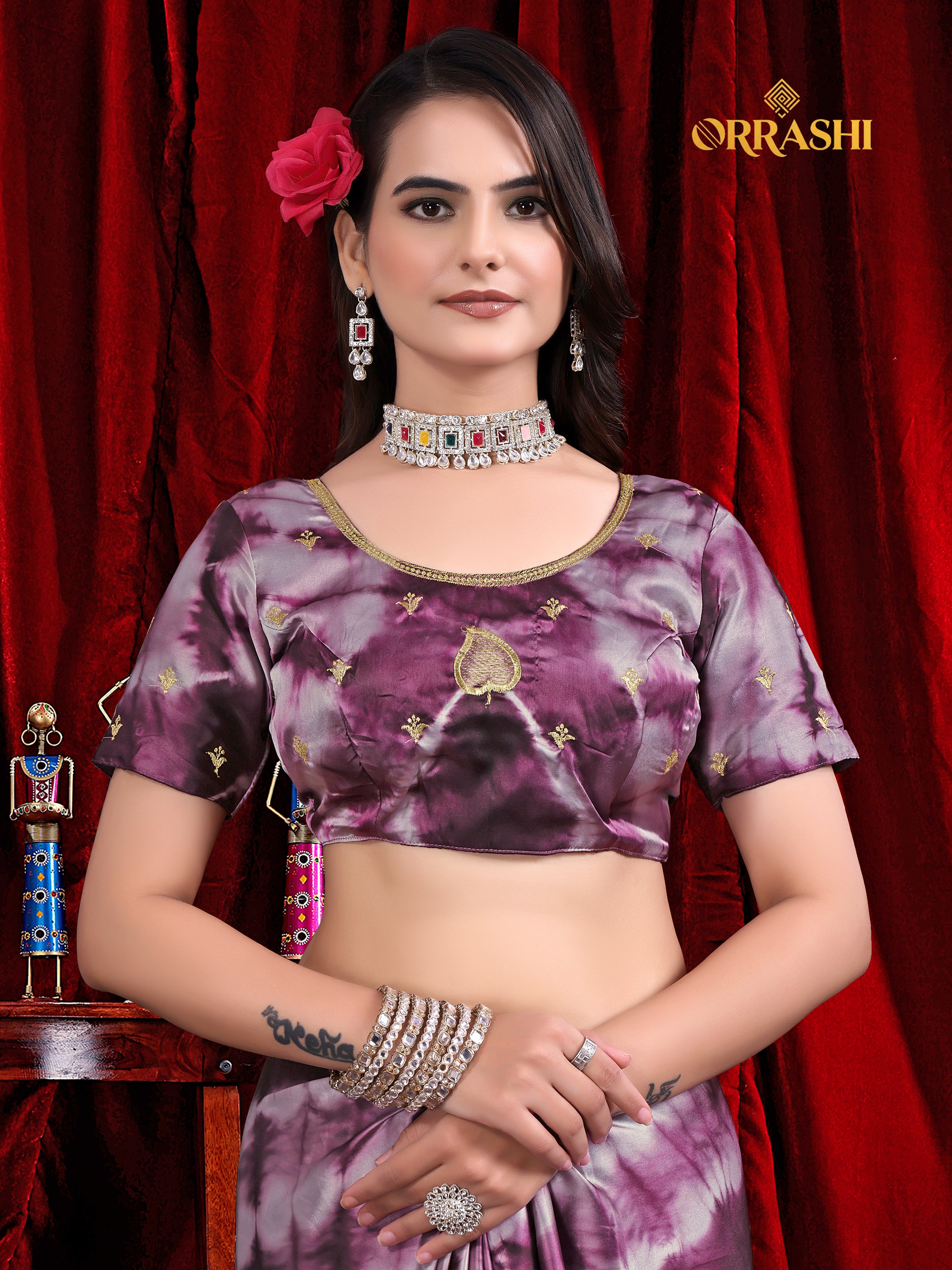 FLOWER PRINTED JARKAN WORK JAPAN SATIN SILK SAREE