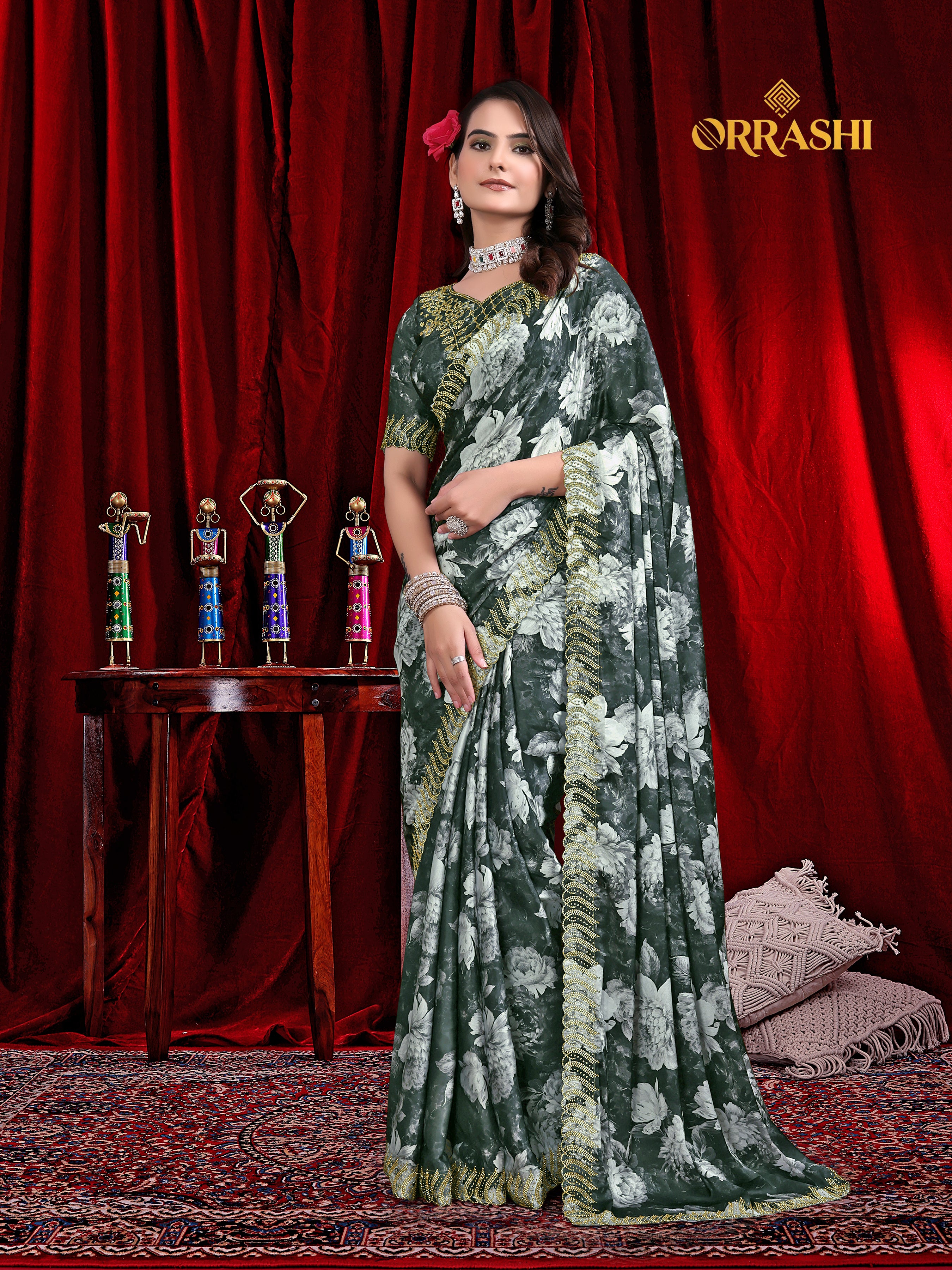 FLOWER PRINTED JARKAN WORK JAPAN SATIN SILK SAREE