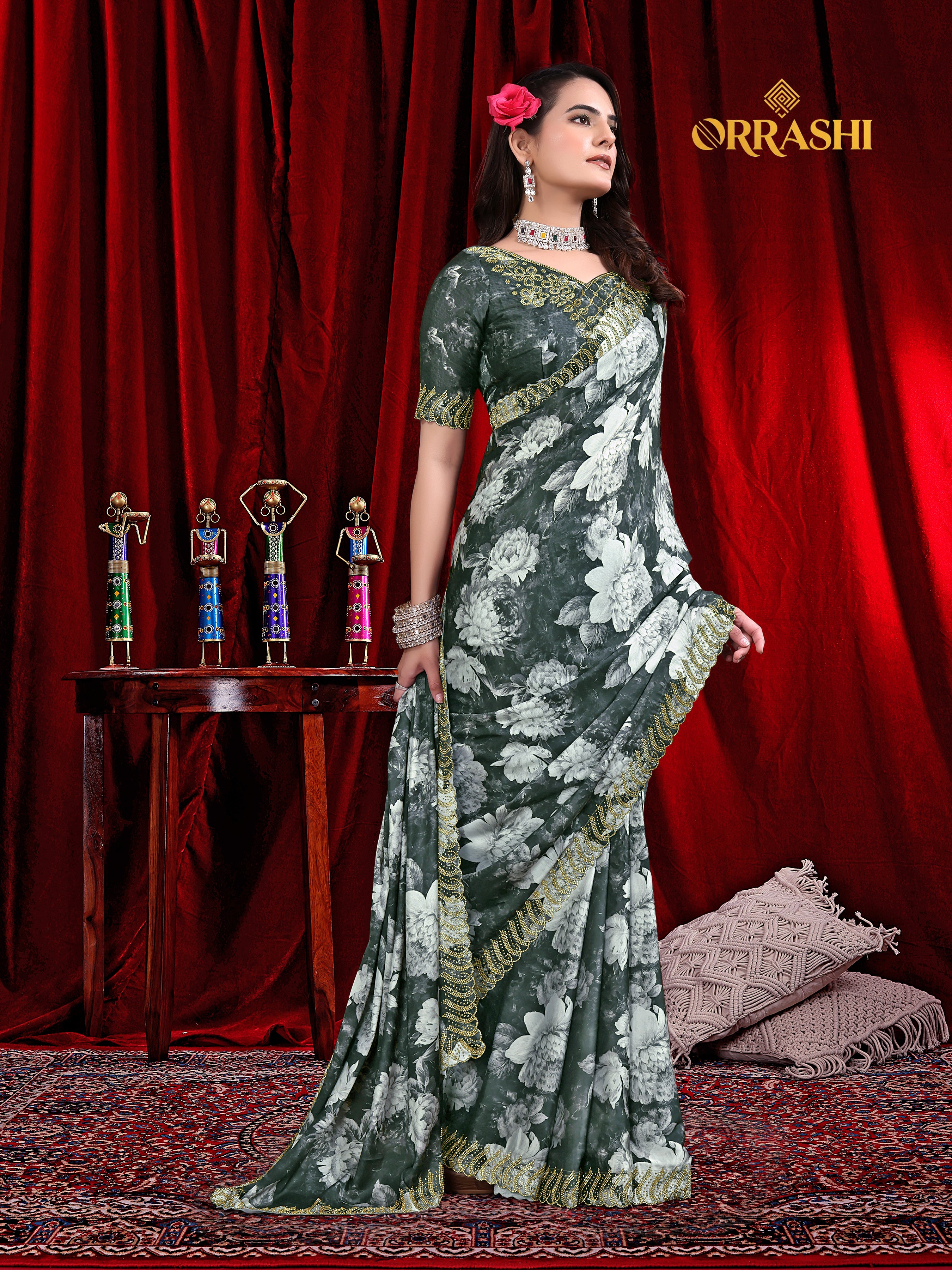 FLOWER PRINTED JARKAN WORK JAPAN SATIN SILK SAREE