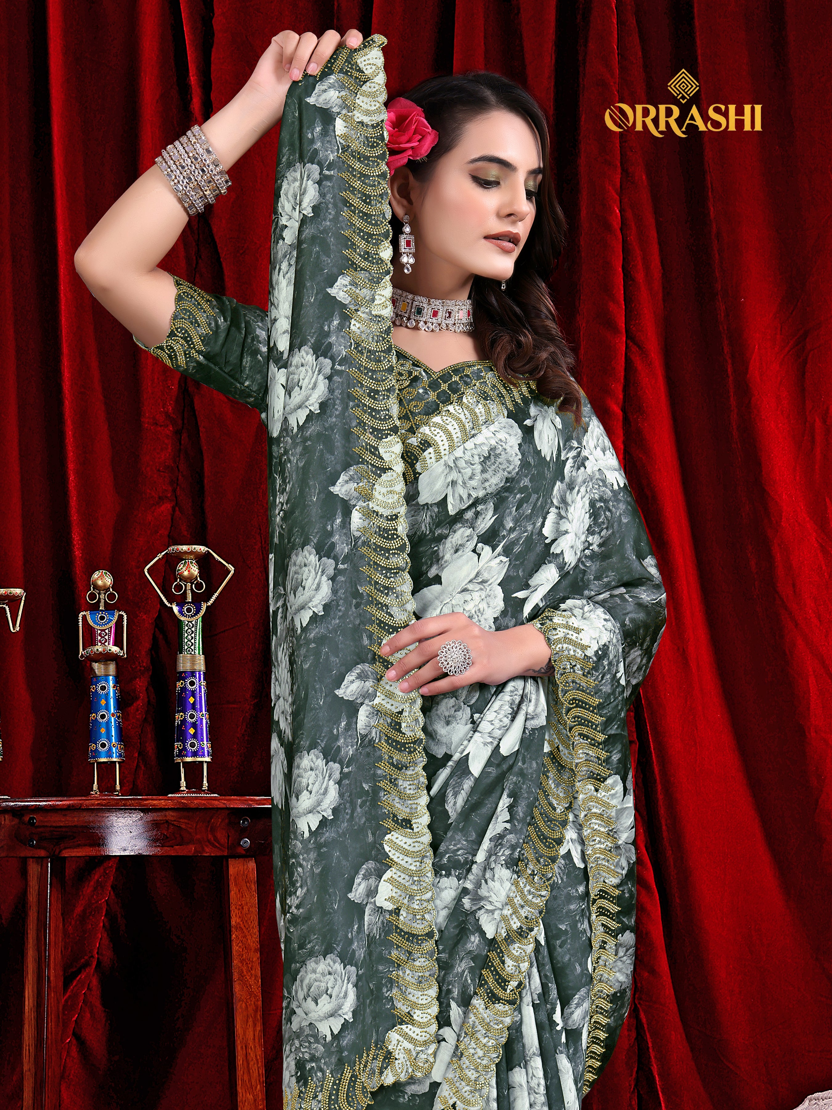 FLOWER PRINTED JARKAN WORK JAPAN SATIN SILK SAREE