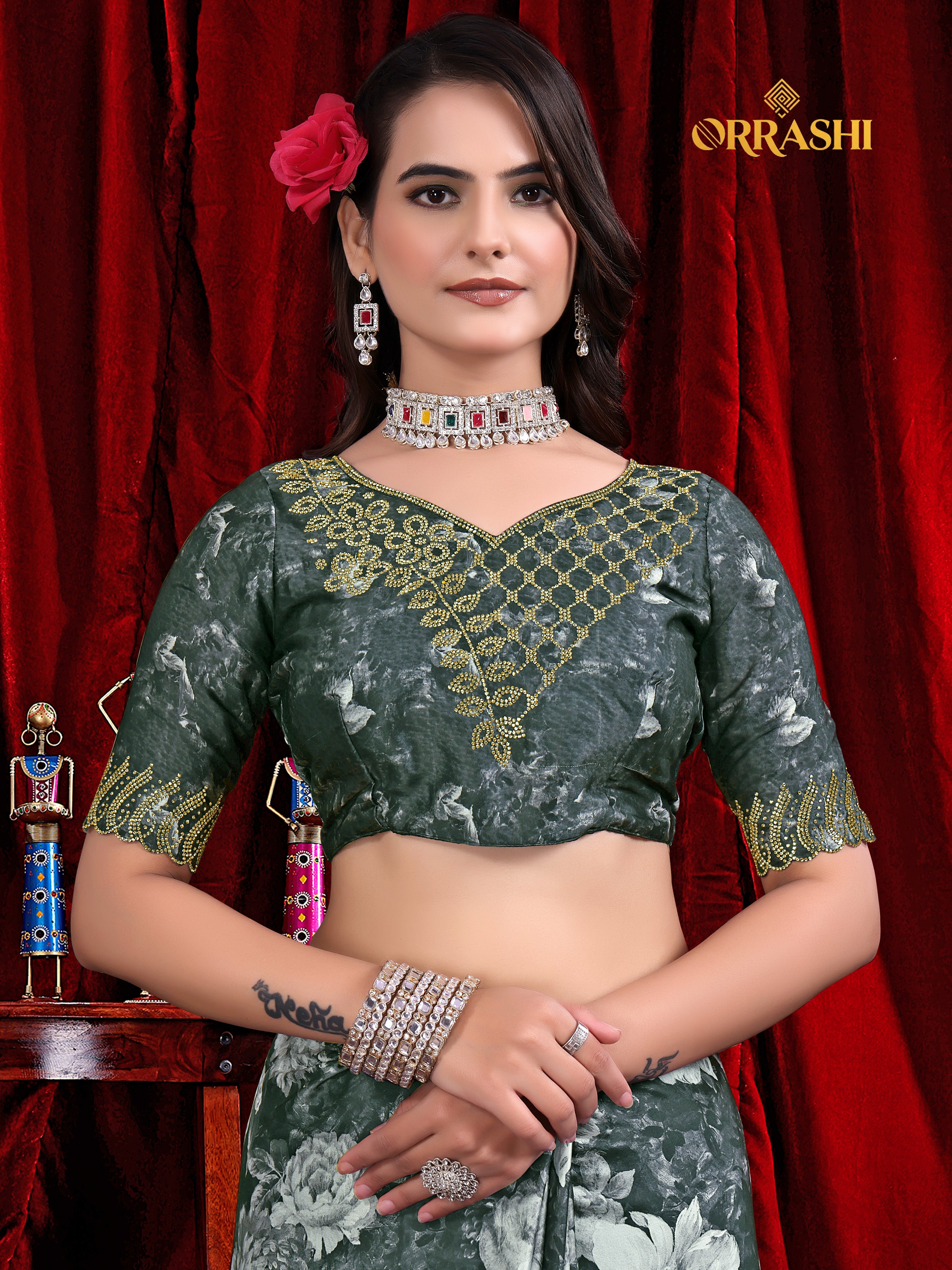 FLOWER PRINTED JARKAN WORK JAPAN SATIN SILK SAREE