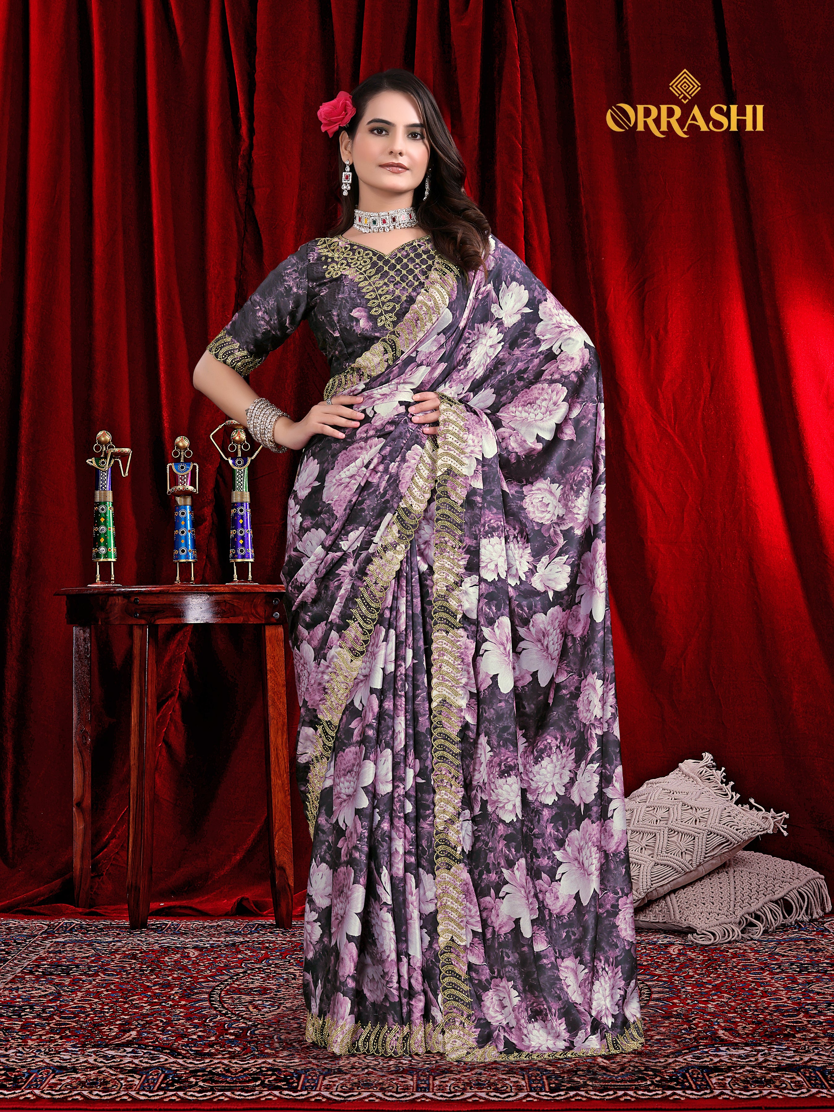 FLOWER PRINTED JARKAN WORK JAPAN SATIN SILK SAREE