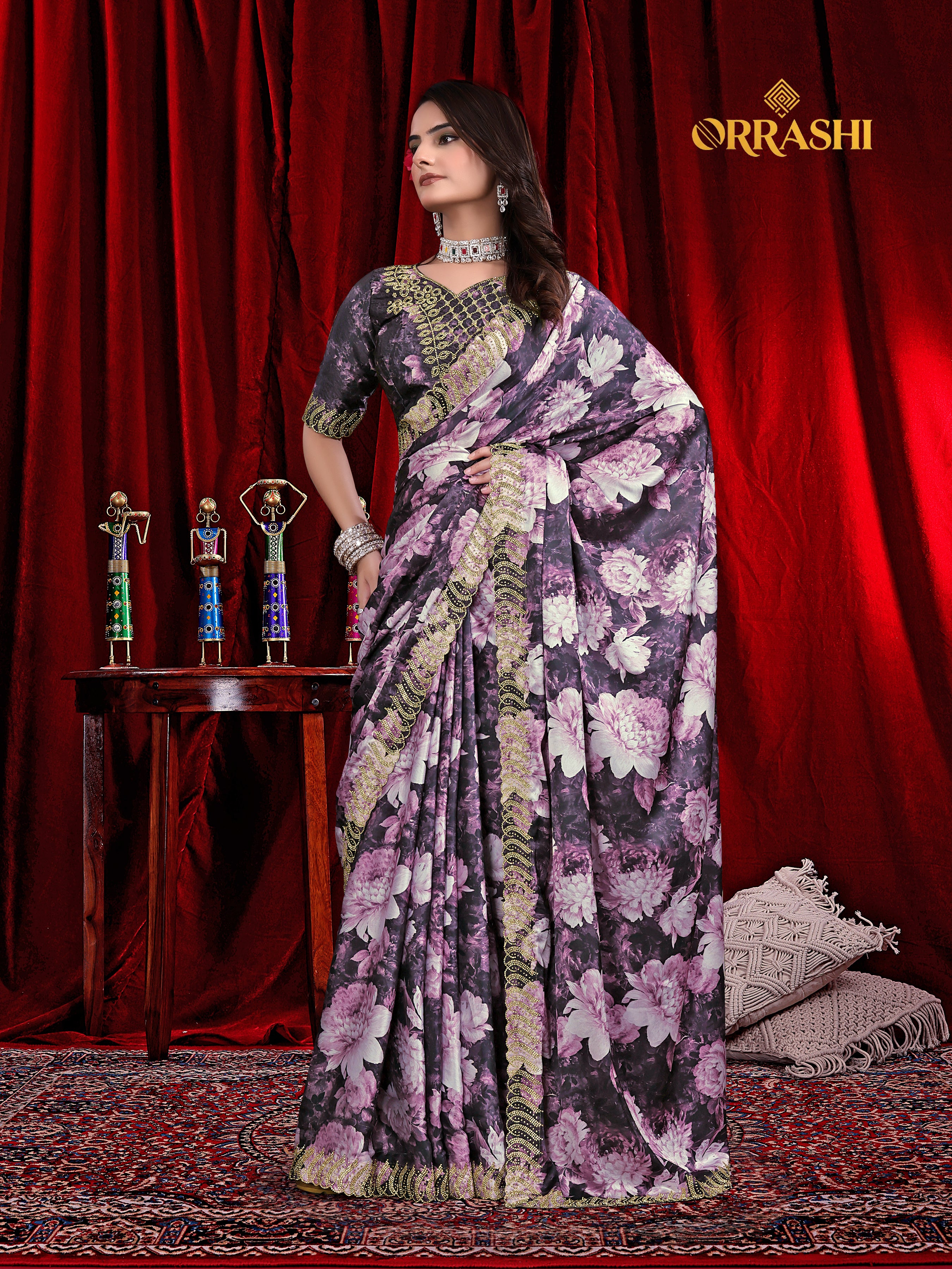 FLOWER PRINTED JARKAN WORK JAPAN SATIN SILK SAREE