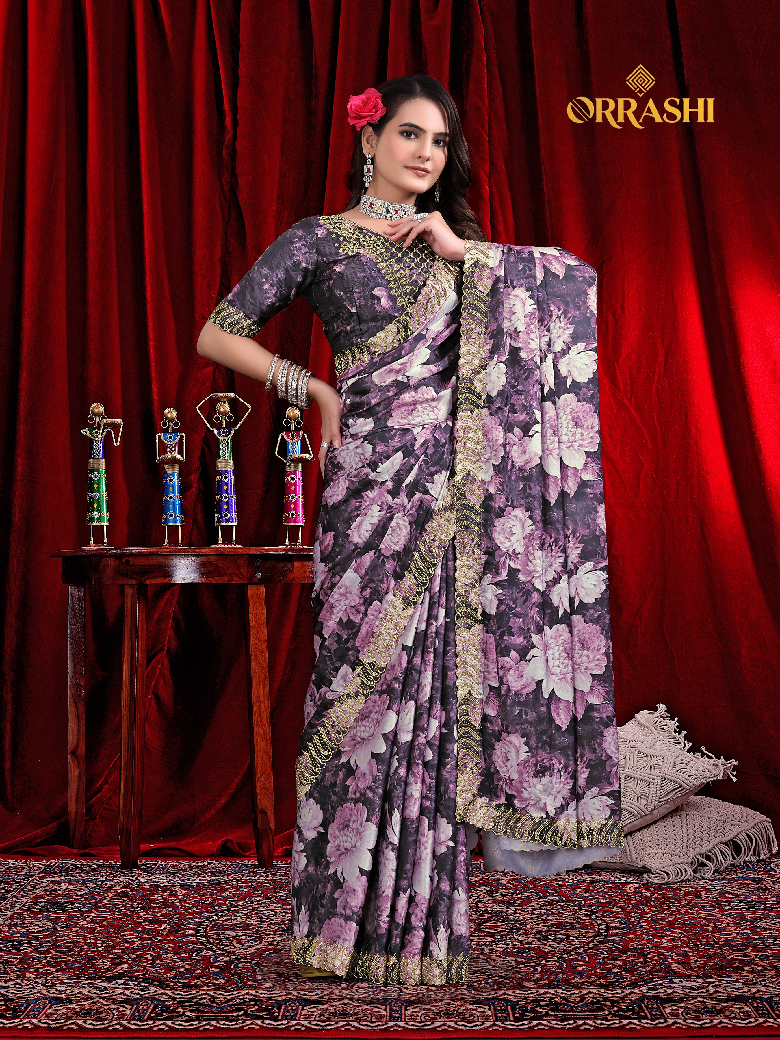 FLOWER PRINTED JARKAN WORK JAPAN SATIN SILK SAREE