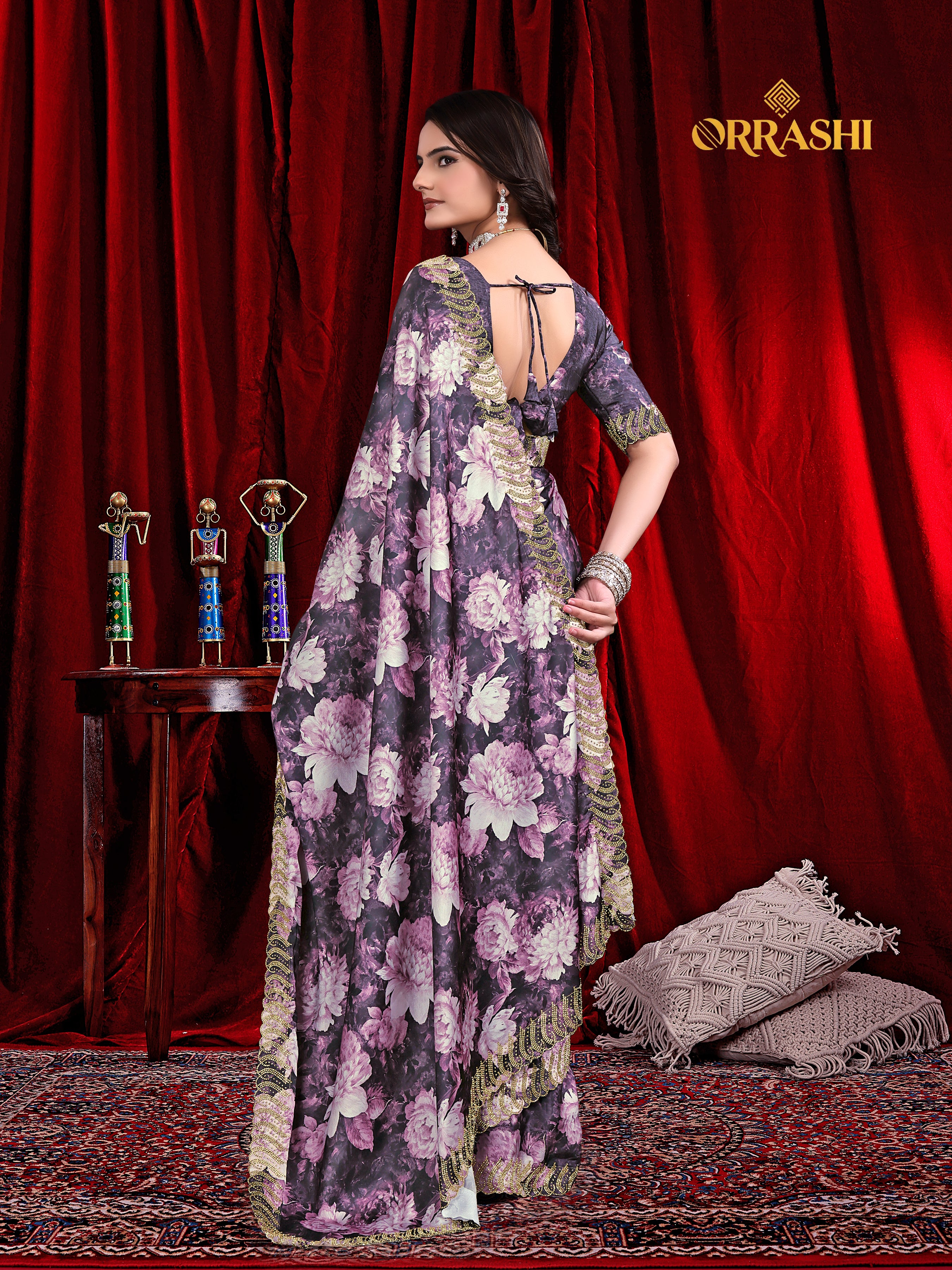 FLOWER PRINTED JARKAN WORK JAPAN SATIN SILK SAREE