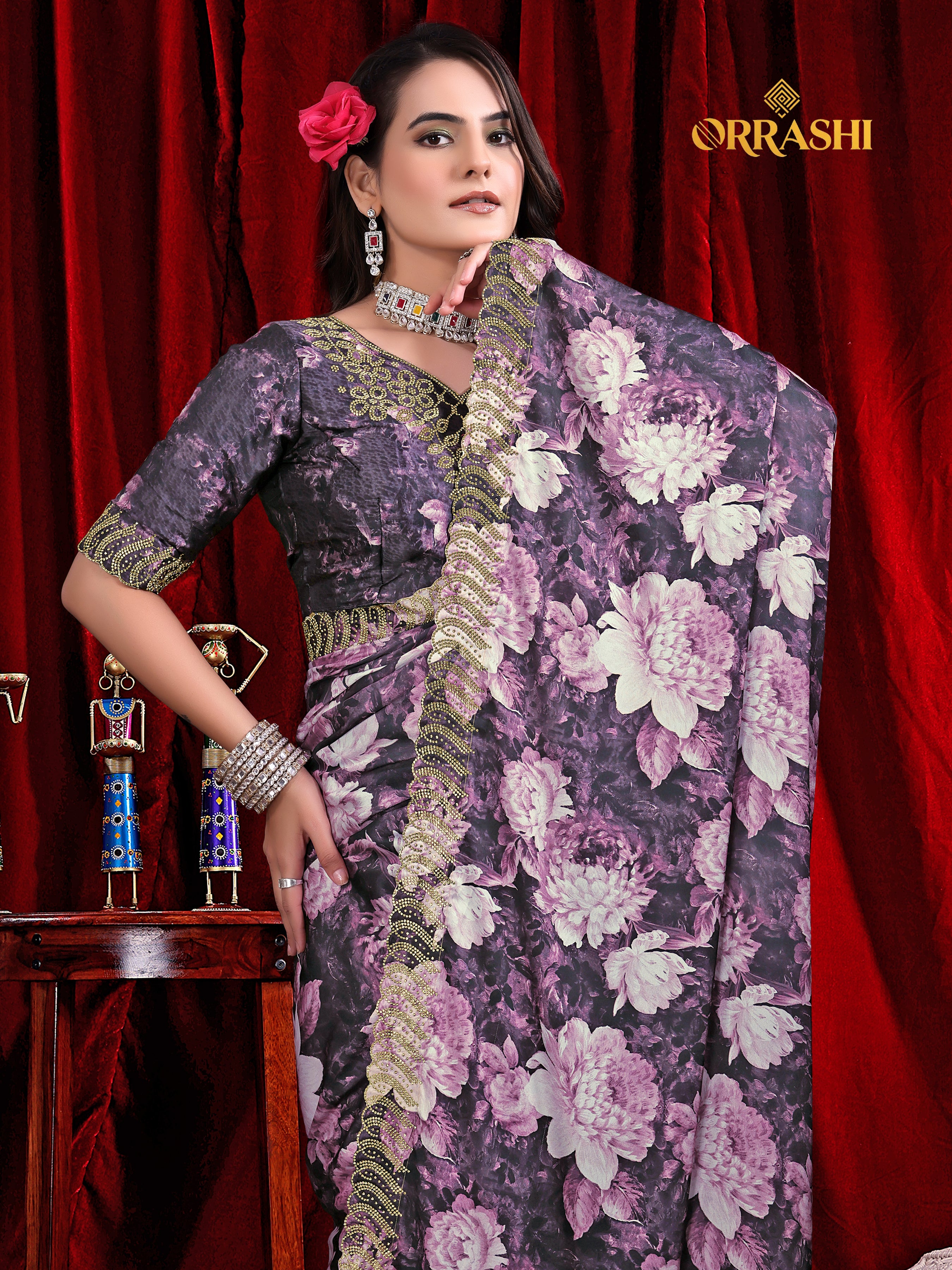 FLOWER PRINTED JARKAN WORK JAPAN SATIN SILK SAREE